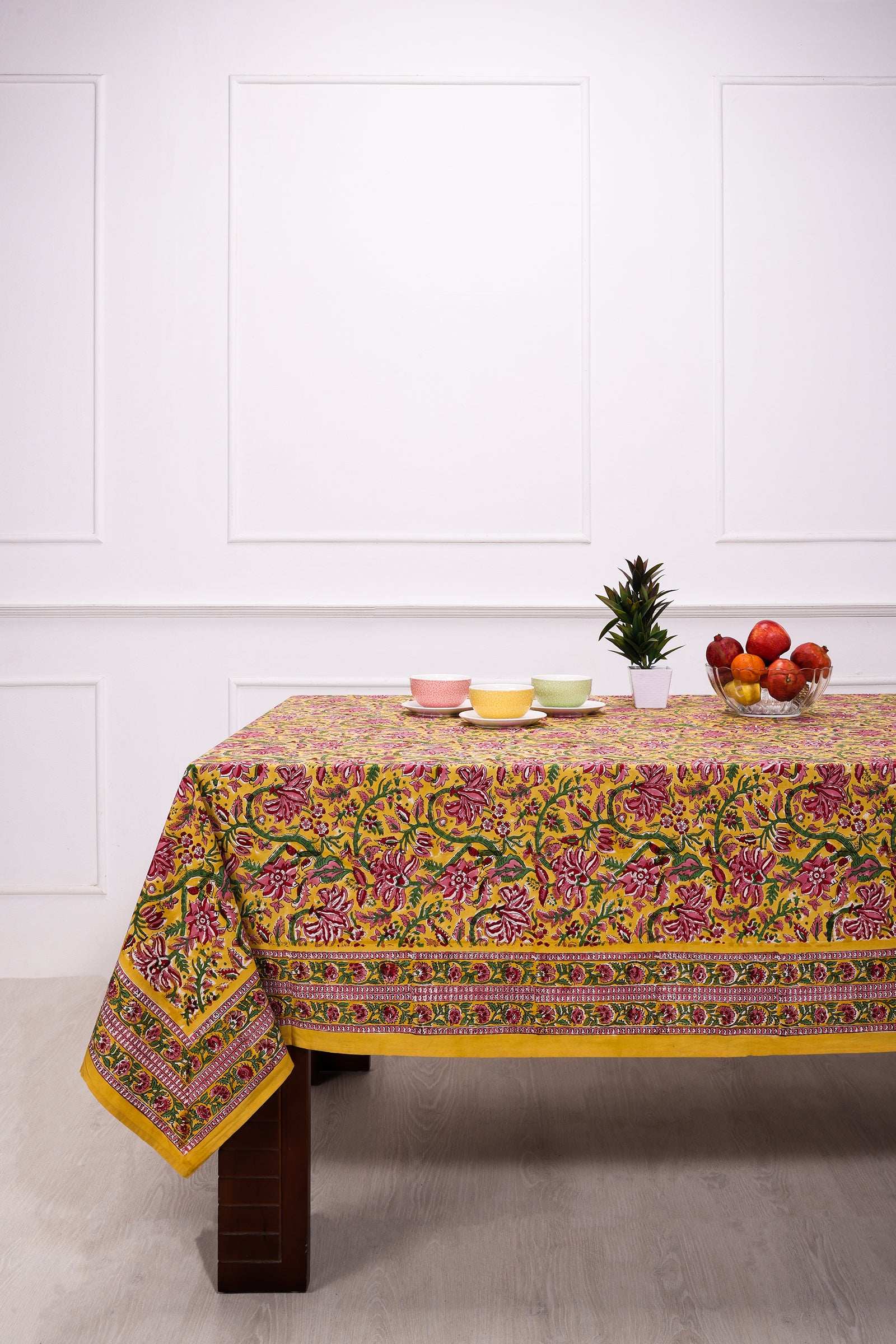 Gayatri Block Printed Mustard Cotton Table Cover - shahenazindia