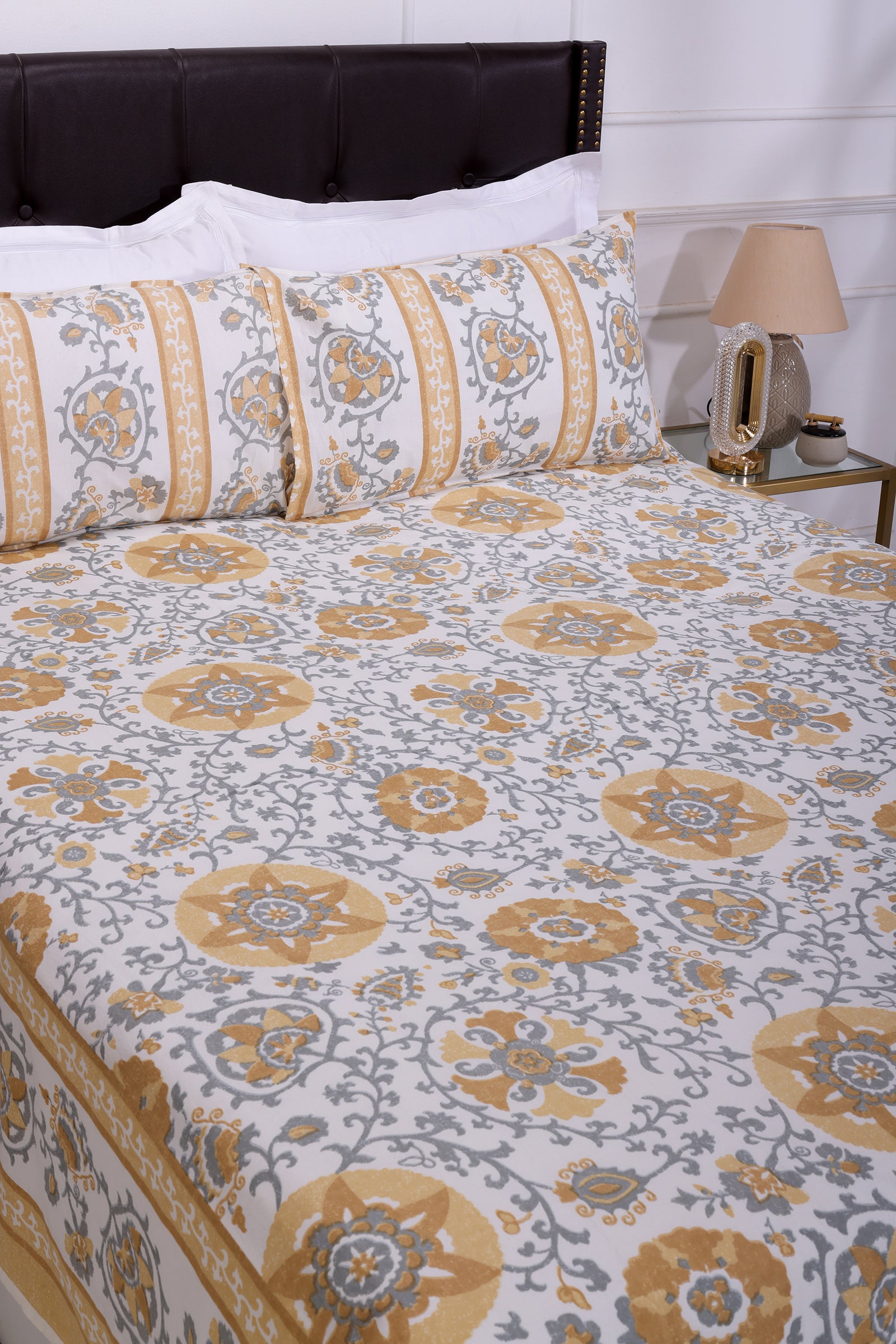 Gayatri Gaon Dalilah Mustard Cotton Bedsheet - shahenazindia