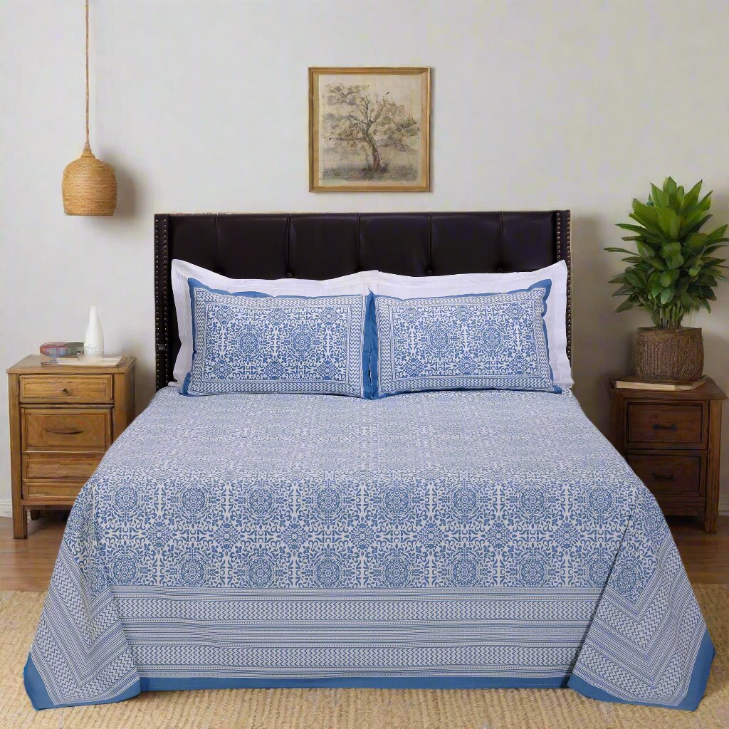 Gayatri Geo Artland Blue Cotton Bedsheet - shahenazindia