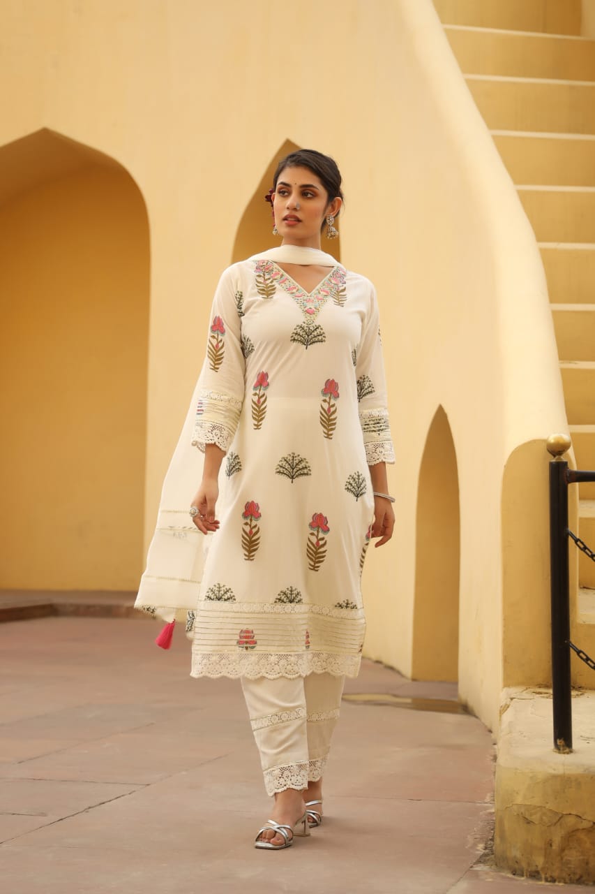 Gulnaaz Rumi White Cotton Kurta Set with Dupatta