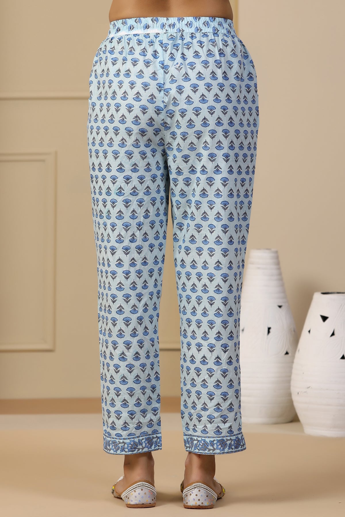 Hazira Ruhi Sky Blue Block Printed Cotton Pants - shahenazindia