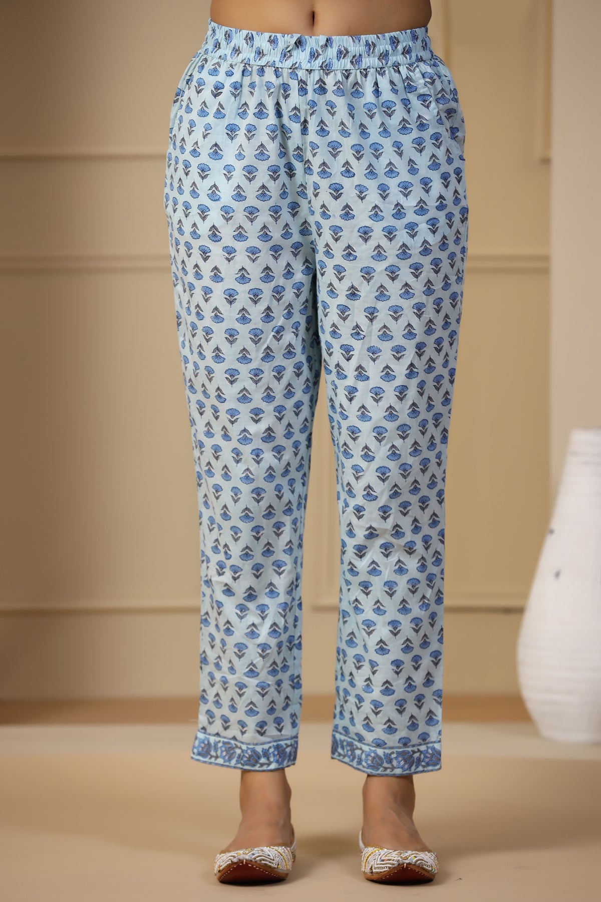 Hazira Ruhi Sky Blue Block Printed Cotton Pants - shahenazindia