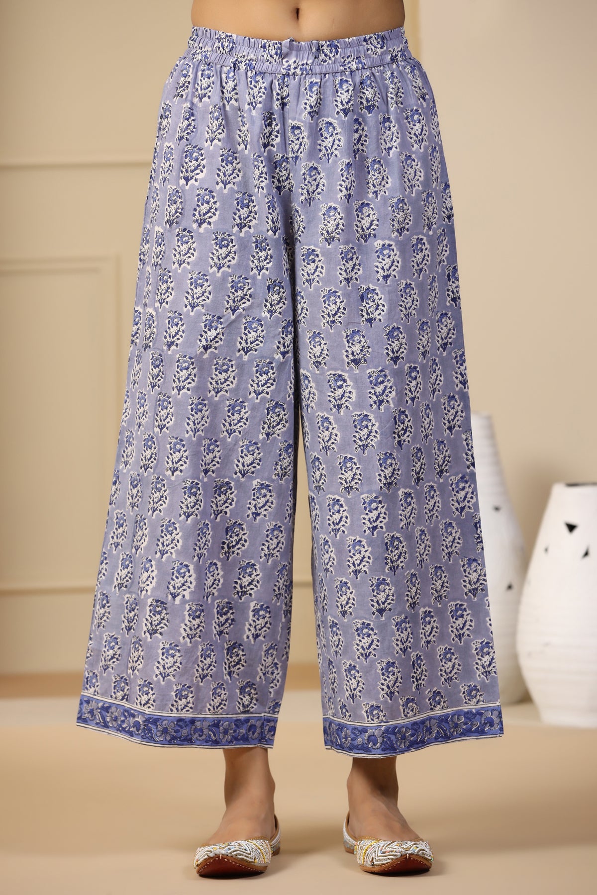 Hazira Sehra Blue Block Printed Cotton Pants - shahenazindia