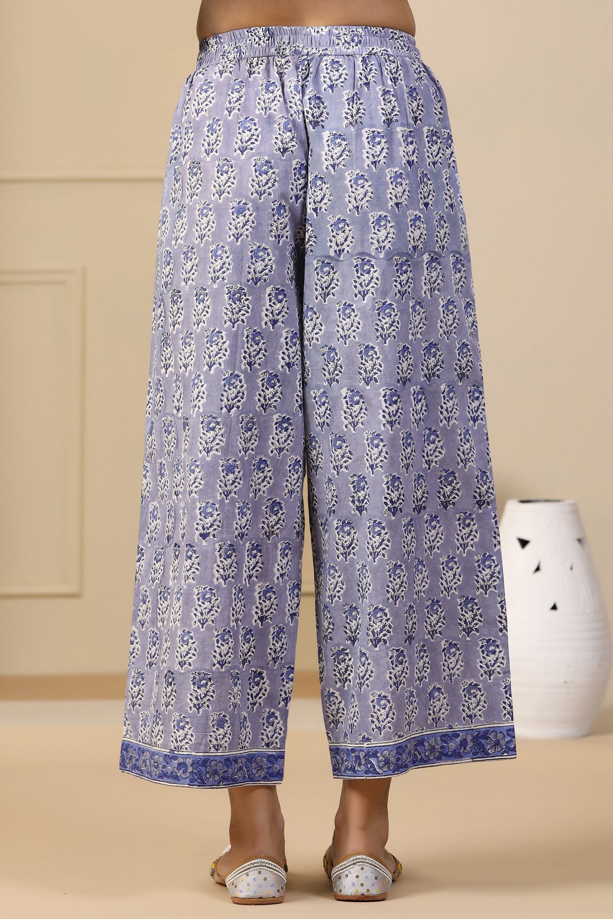 Hazira Sehra Blue Block Printed Cotton Pants - shahenazindia