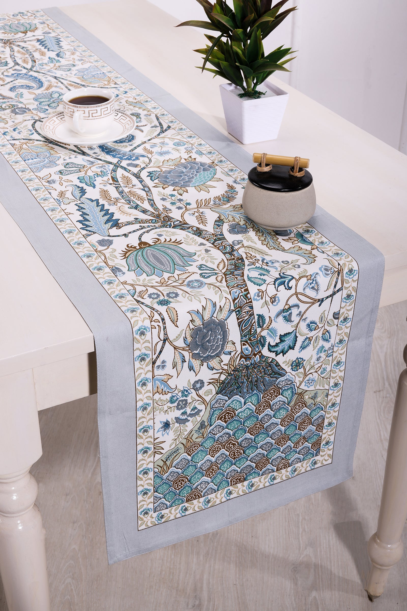 Tree Of Life D2 Printed Blue Table Runner - shahenazindia