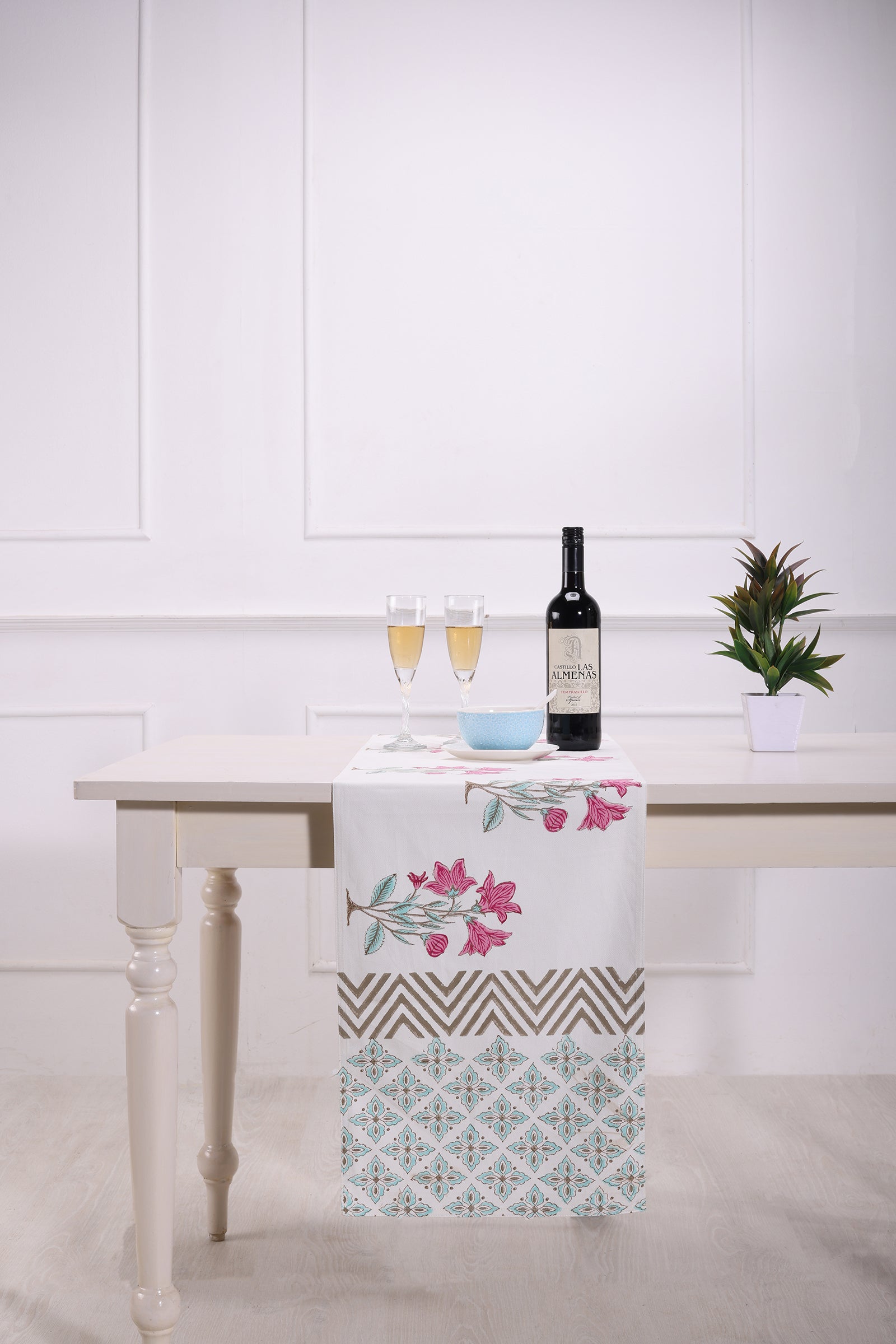 Amelia Floral Block Printed Blue Table Runner - shahenazindia