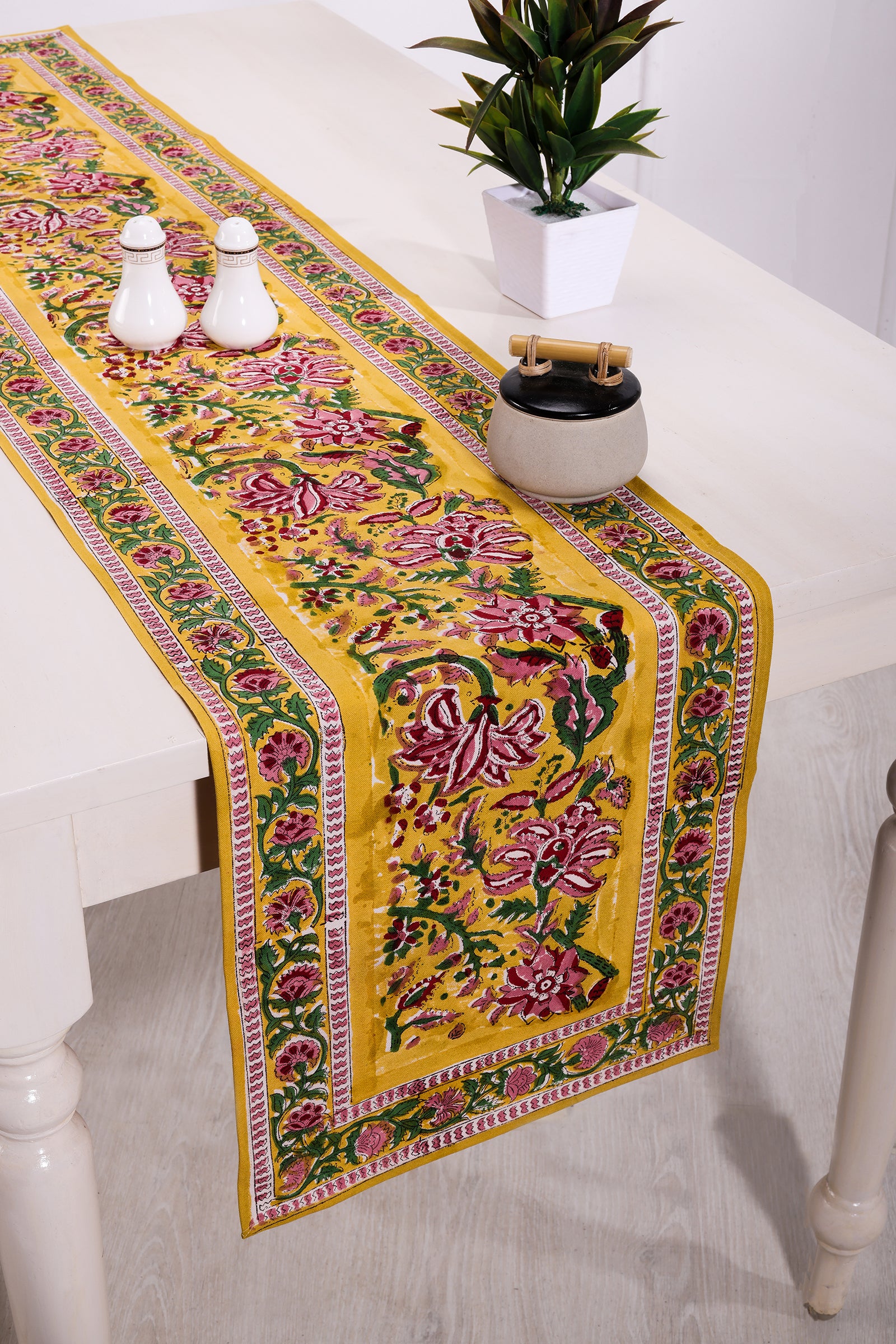 Gayatri Block Printed Mustard Table Runner - shahenazindia