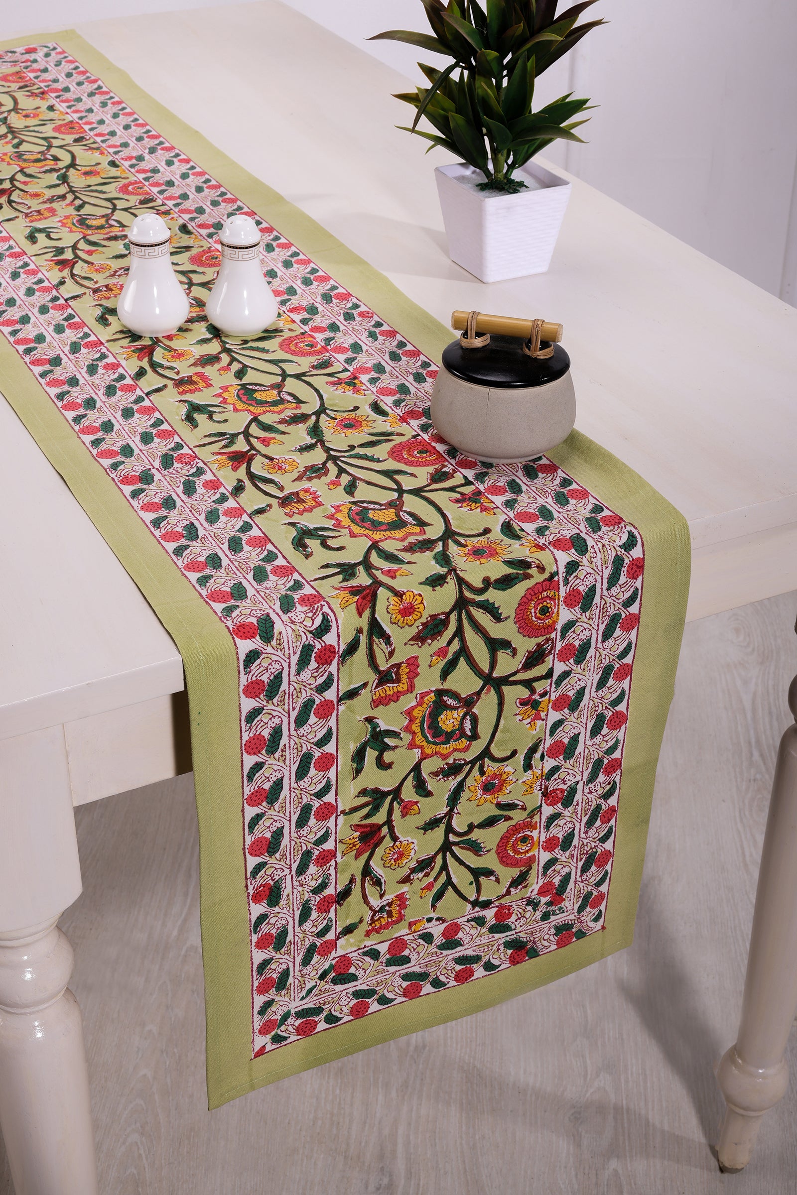 Chainika Flower Garden Block Printed Green Table Runner - shahenazindia