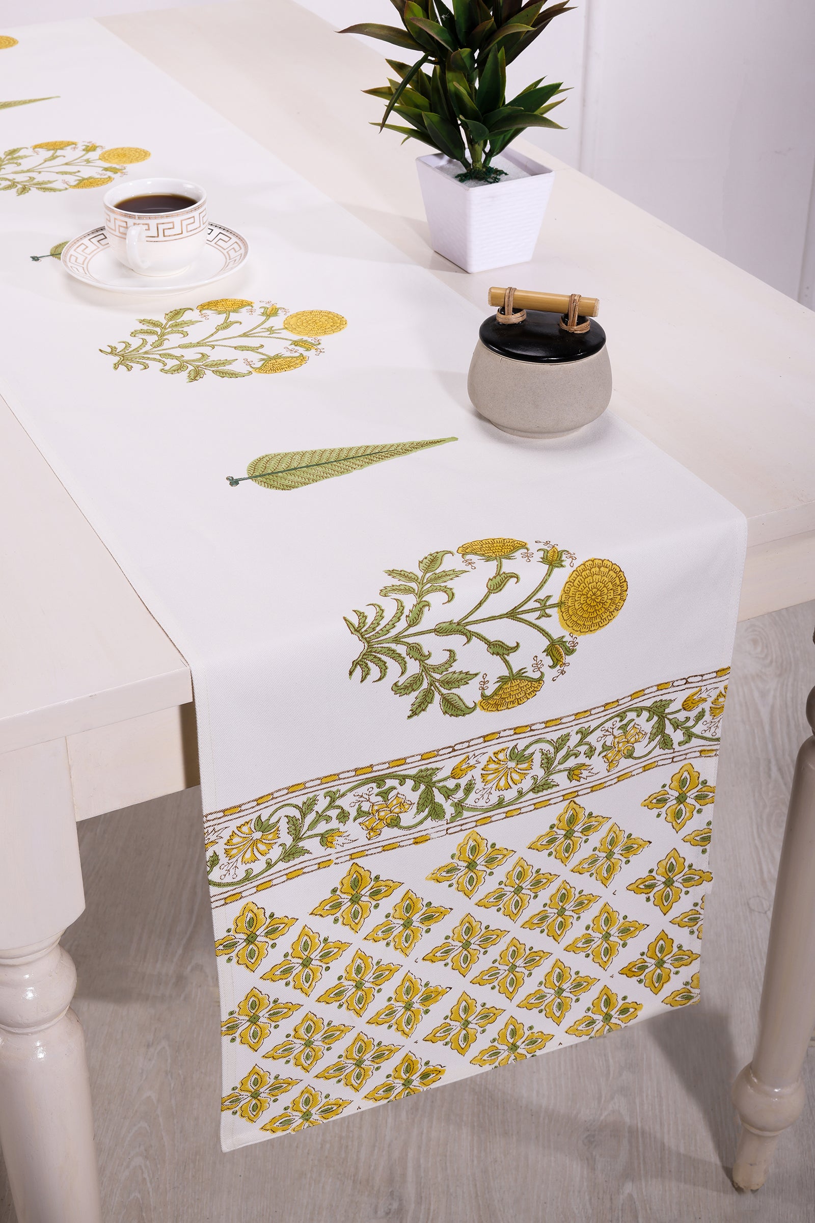 Floral Macaroon Block Printed Green Table Runner - shahenazindia