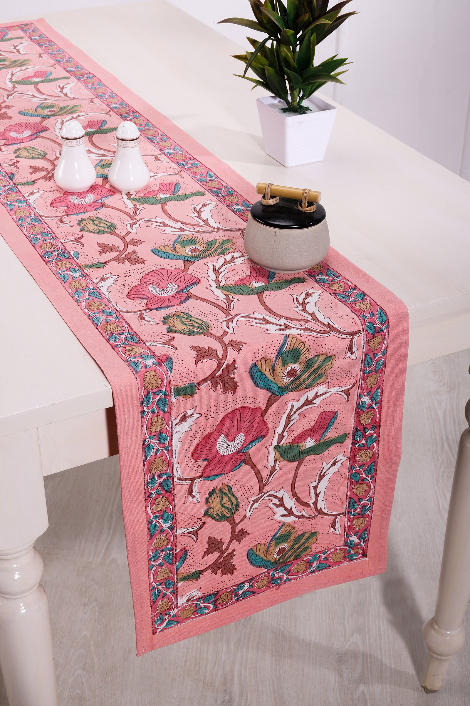 Fariza Flower Garden Block Printed Pink Table Runner - shahenazindia