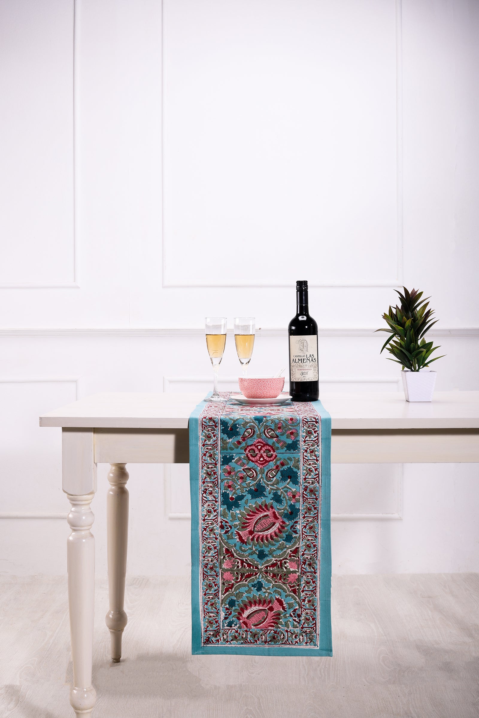 Charmine Floral Bloom Block Printed Turquoise Table Runner - shahenazindia