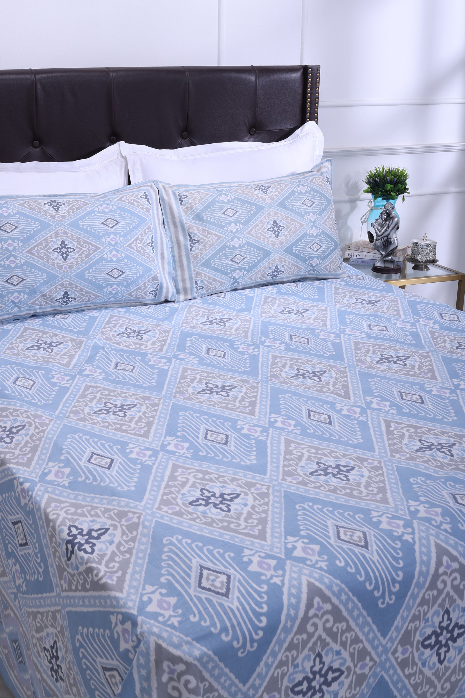 Ikat Paan New Blue Cotton Bedsheet - shahenazindia