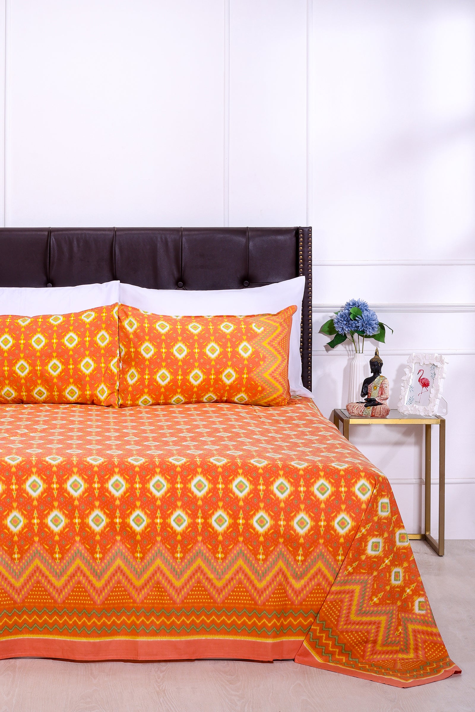 Ikkat Beera Orange Cotton Bedsheet