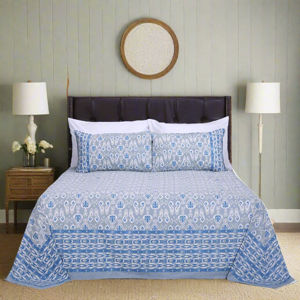 Ikkat Dionne Blue Cotton Bedsheet