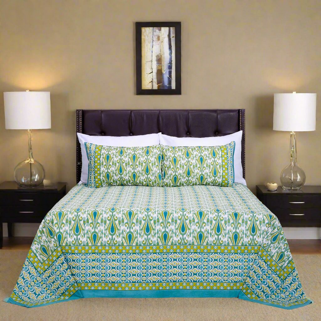 Ikkat Ivy Turqoise Cotton Bedsheet