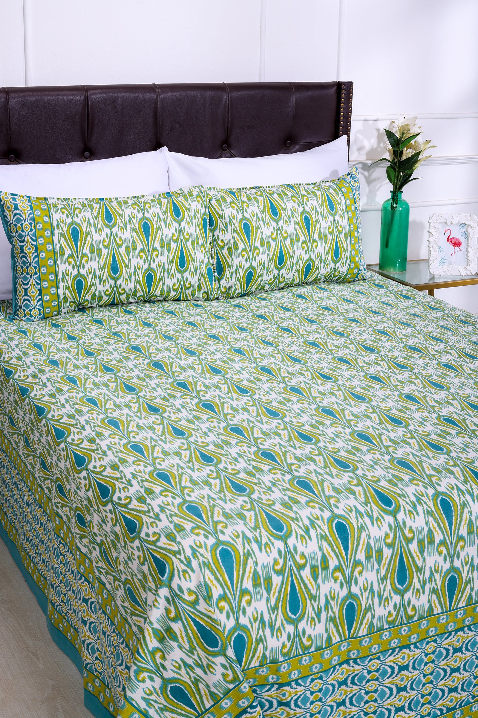 Ikkat Ivy Turqoise Cotton Bedsheet