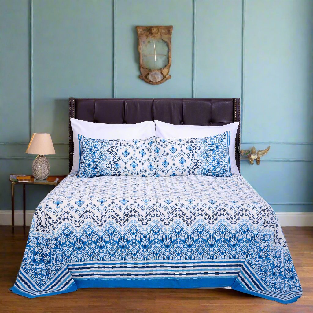 Ikkat Jakson Blue Cotton Bedsheet