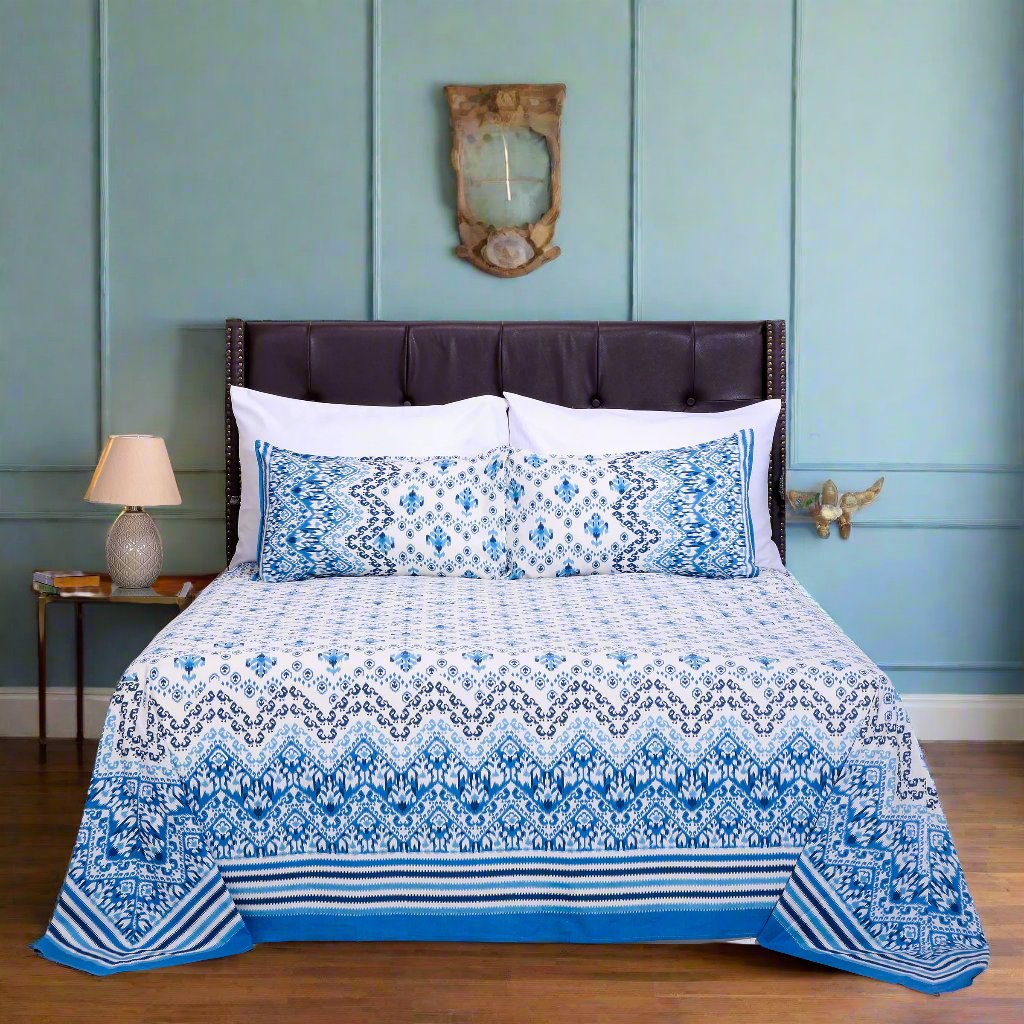 Ikkat Jakson Blue Cotton Bedsheet Shahenaz