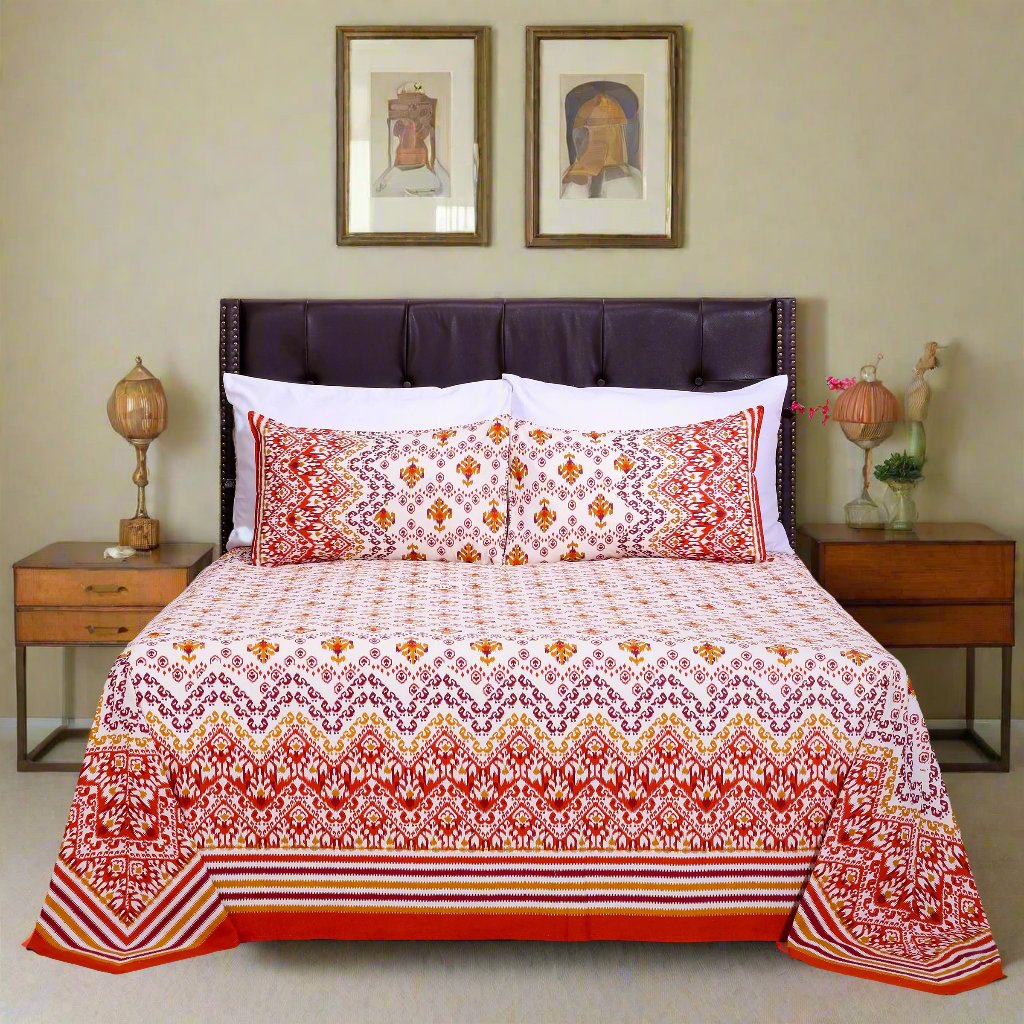 Ikkat Jakson Orange Cotton Bedsheet