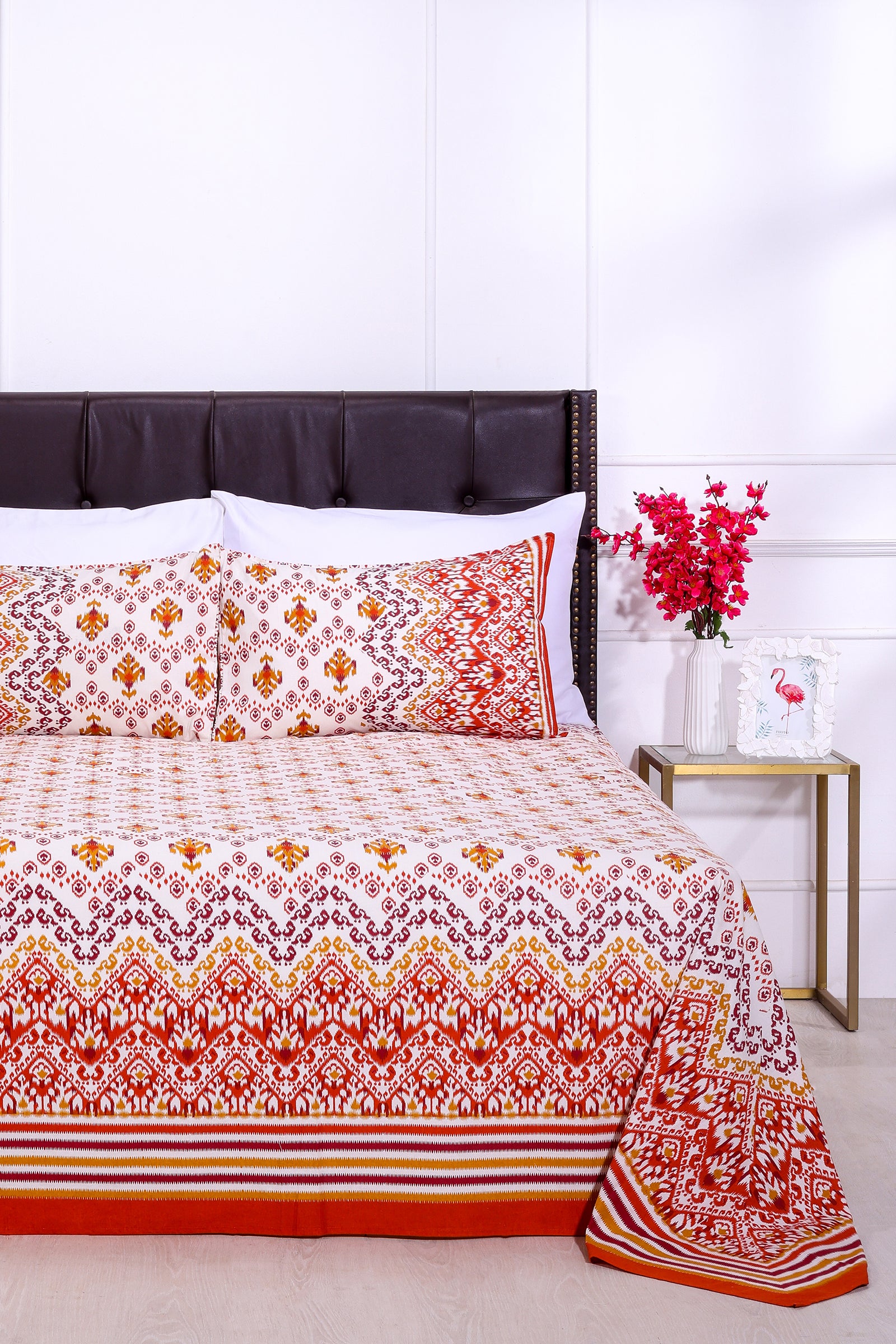 Ikkat Jakson Orange Cotton Bedsheet