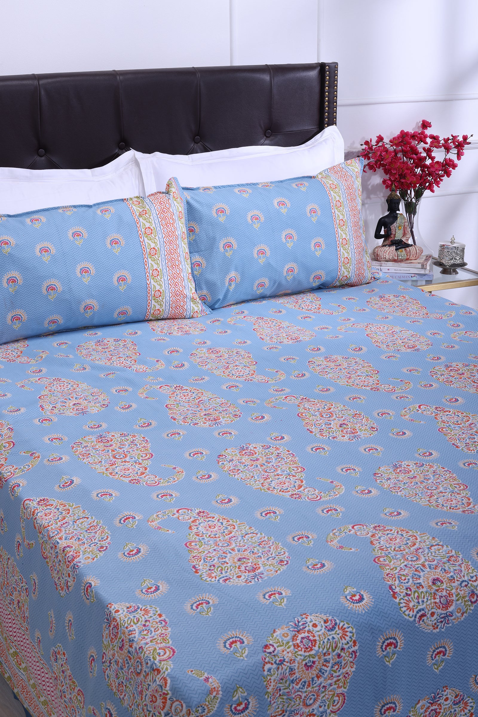 Jazmine Floral Blue Cotton Bedsheet - shahenazindia