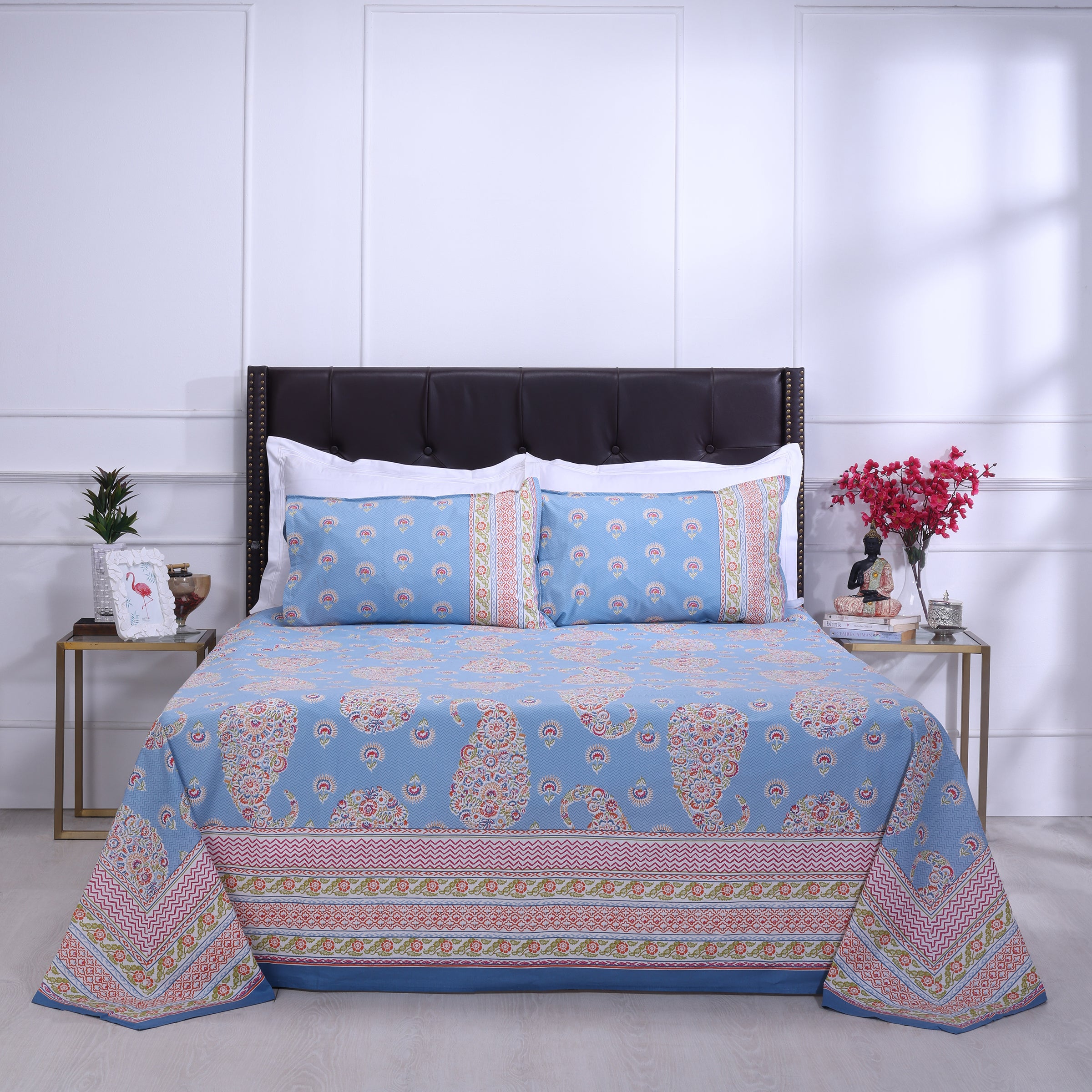 Jazmine Floral Blue Cotton Bedsheet - shahenazindia