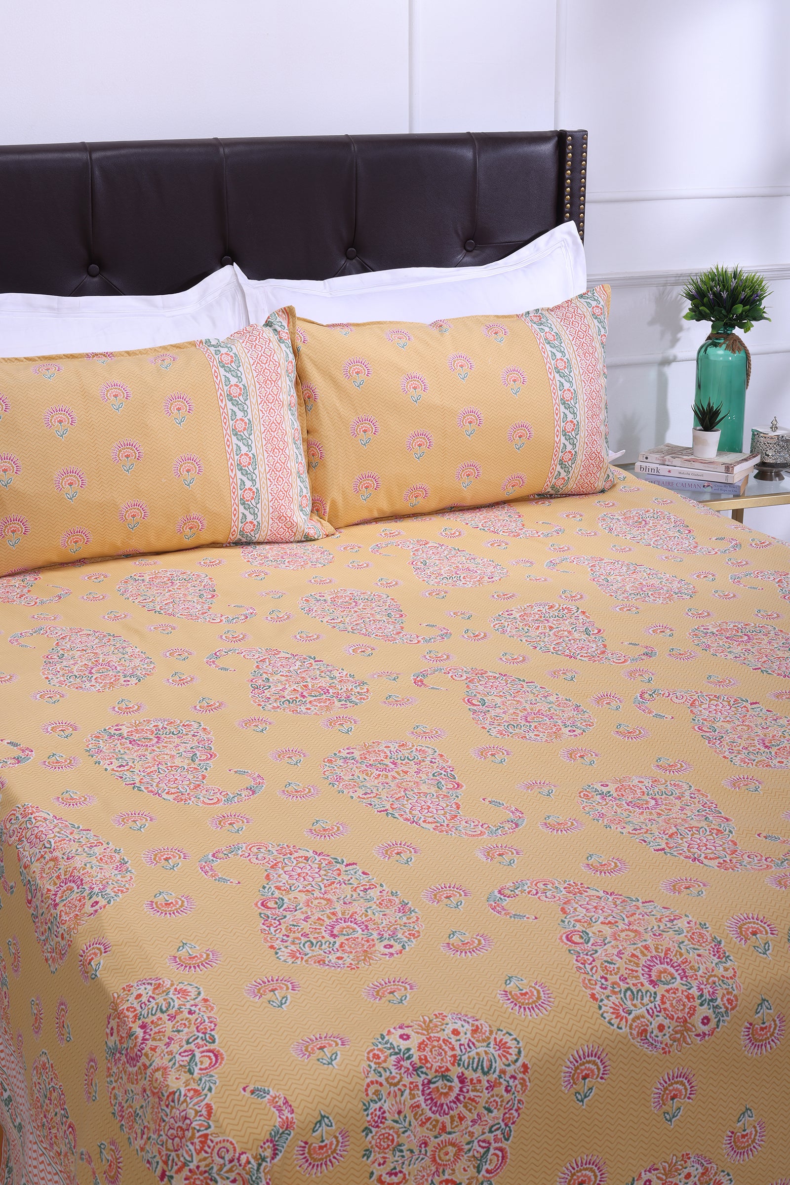 Jazmine Floral Mustard Cotton Bedsheet - shahenazindia