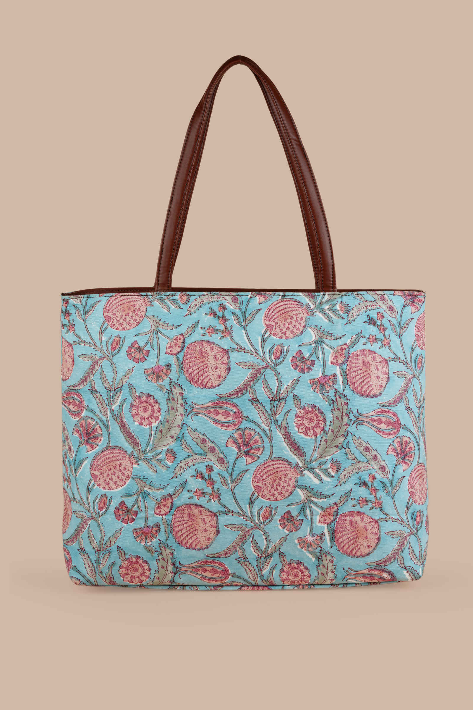 Blue Lagoon Hand Block Printed Pink Classic Tote Bag Shahenaz