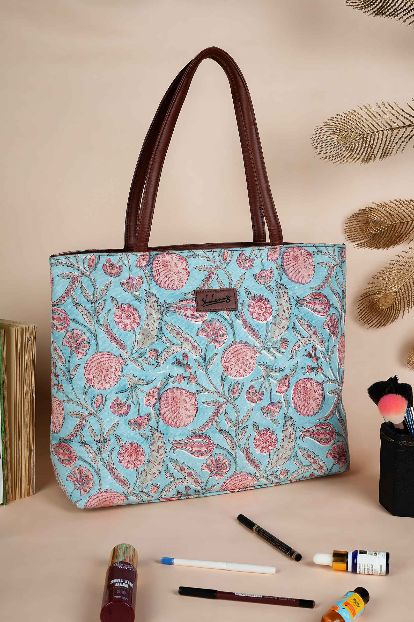 Blue Lagoon Hand Block Printed Pink Classic Tote Bag Shahenaz