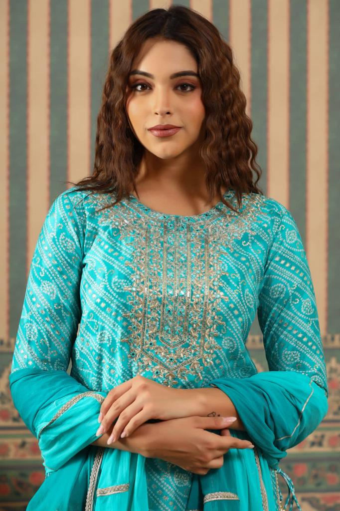 Nayab Madhuri Aqua Floral Gharara Kurta Set With Dupatta