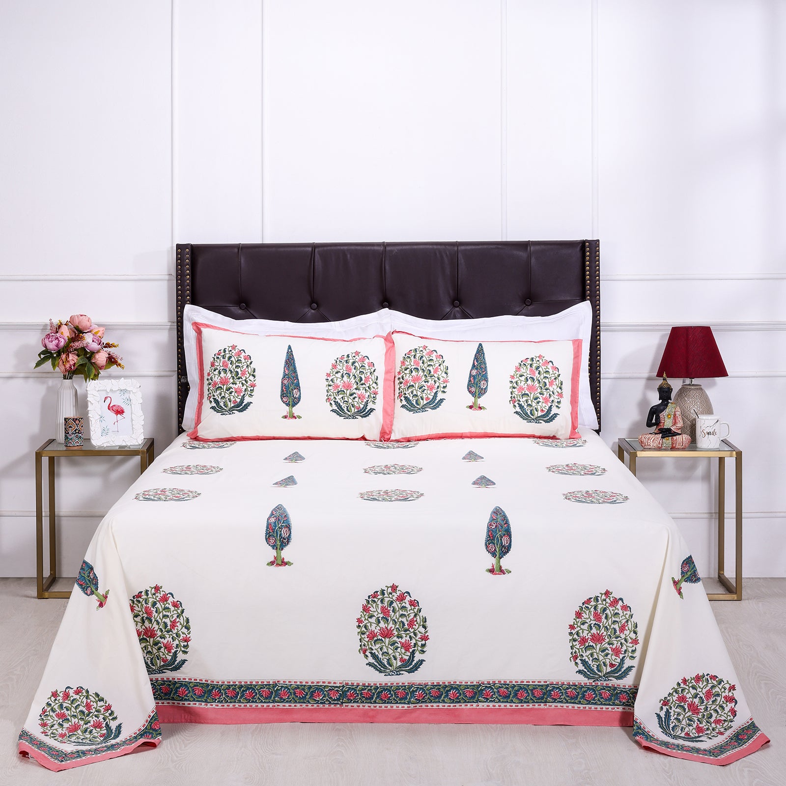 Kainat Flower Cream Cotton Percale Bedsheet - shahenazindia