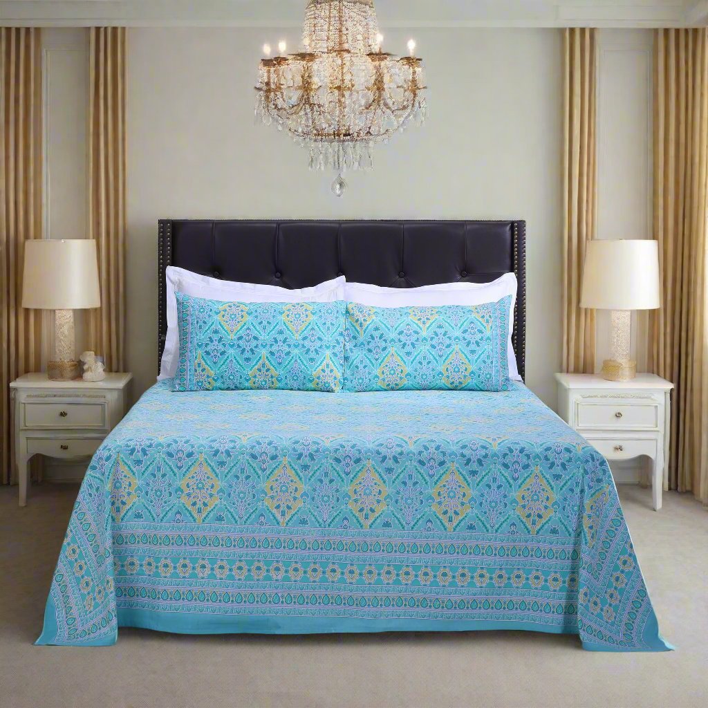 Kalindi Jaal Turquoise Cotton Bedsheet - shahenazindia