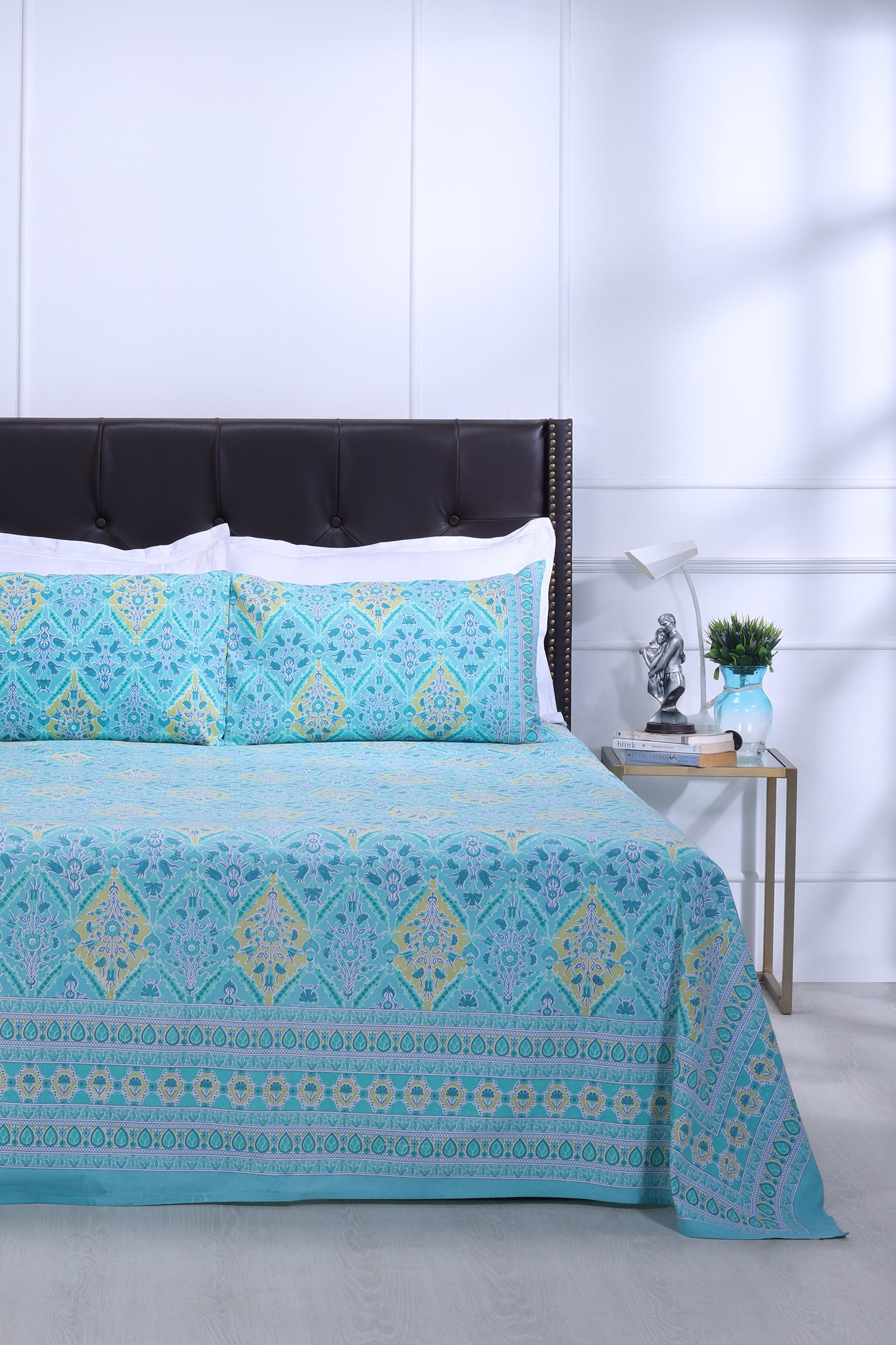 Kalindi Jaal Turquoise Cotton Bedsheet - shahenazindia