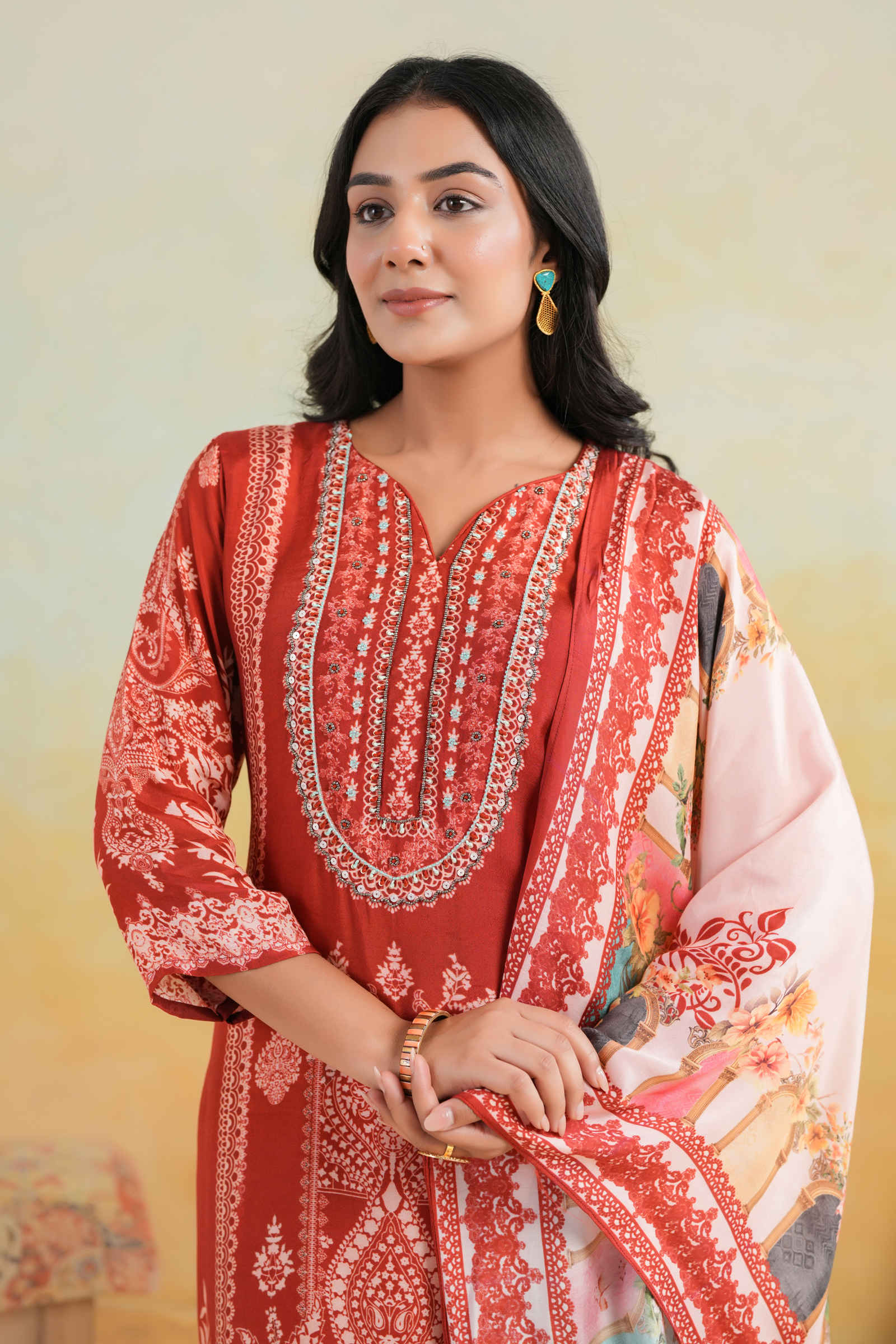 Kavish Zoya-e-Aafreen Deep Red Kurta Pant and Dupatta Set