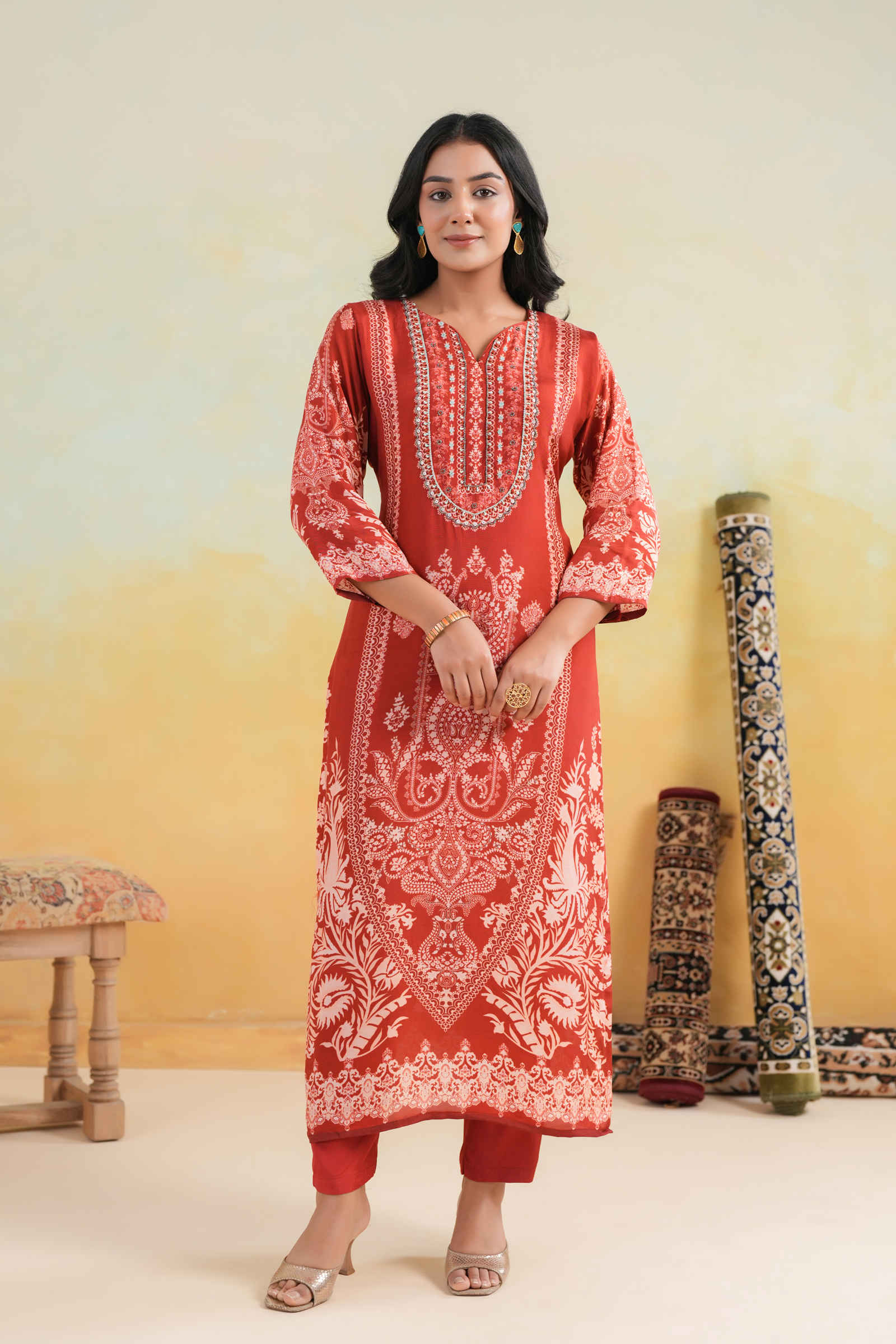Kavish Zoya-e-Aafreen Deep Red Kurta Pant and Dupatta Set