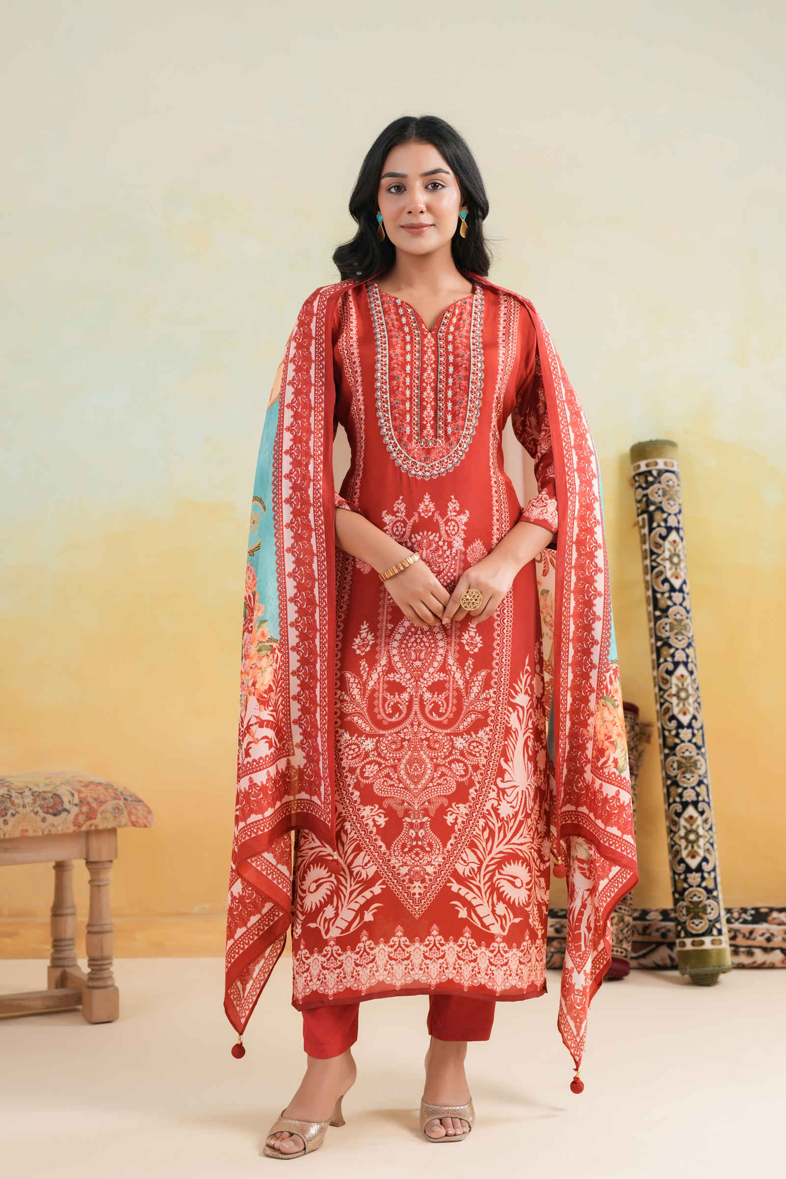 Kavish Zoya-e-Aafreen Deep Red Kurta Pant and Dupatta Set