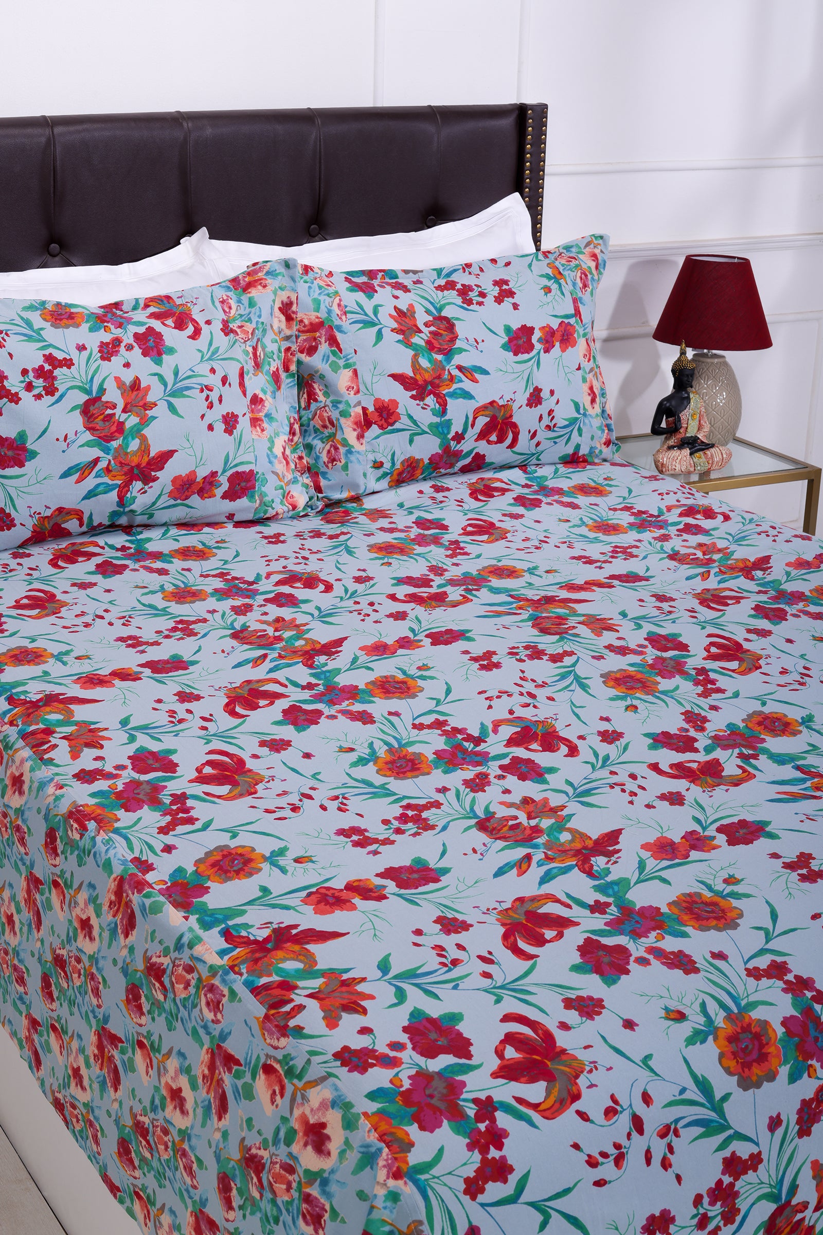 Lily Bagh Sky Blue Cotton Bedsheet - shahenazindia