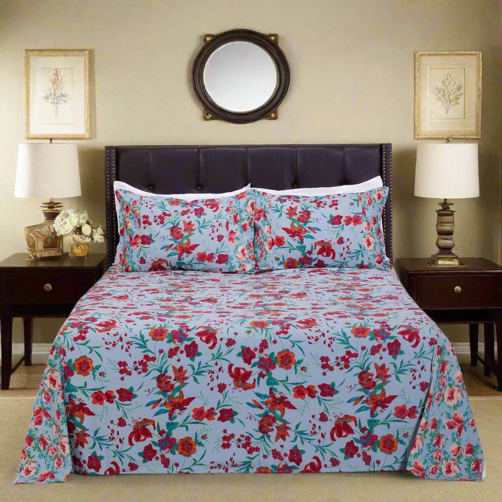 Lily Bagh Sky Blue Cotton Bedsheet - shahenazindia