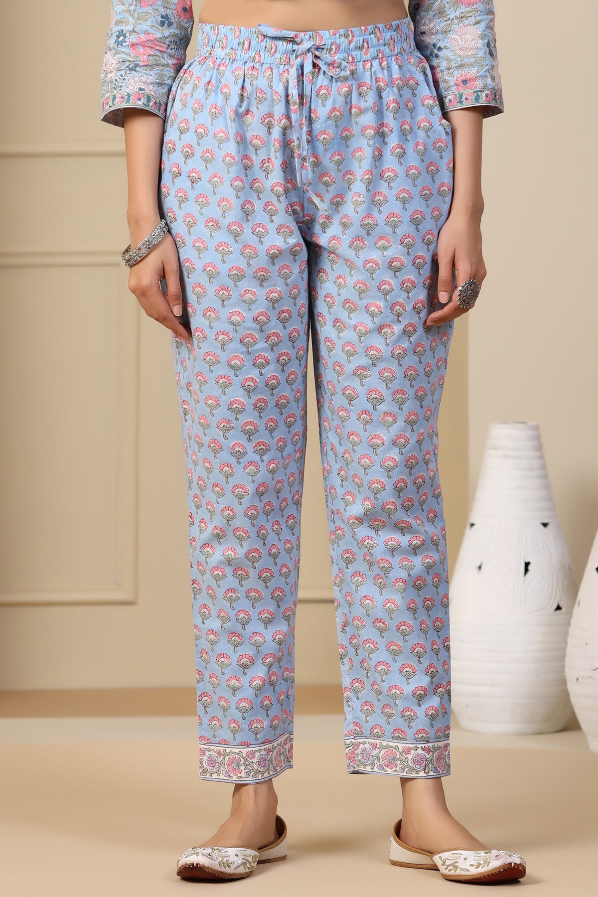 Maheen Gul Bano Sky Blue Block Printed Cotton Narrow Pants - shahenazindia