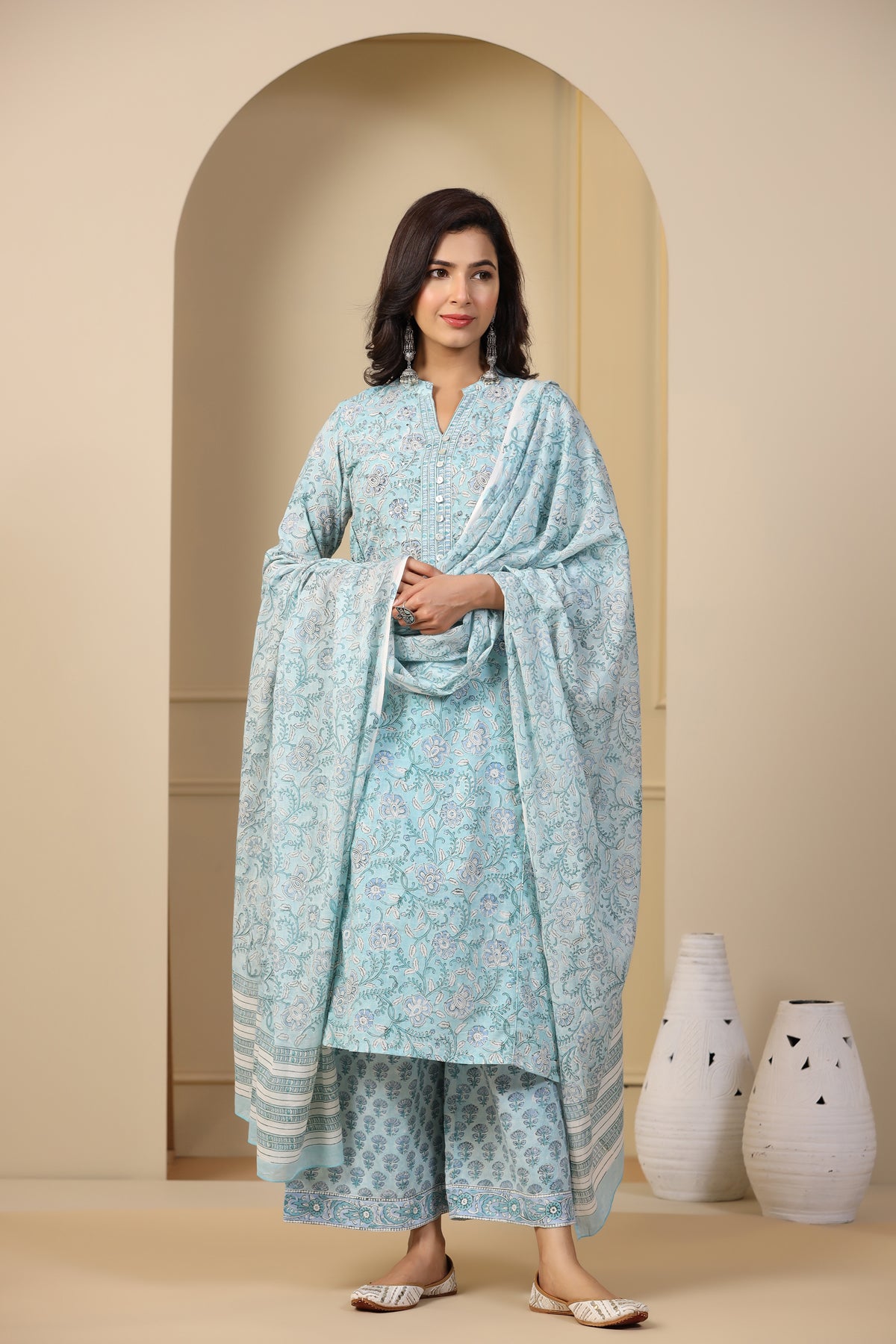 Maheen Yasmina Sky Blue Block Printed Mul Mul Dupatta - shahenazindia