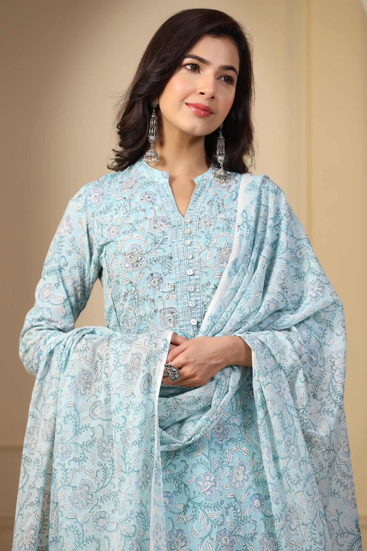 Maheen Yasmina Sky Blue Block Printed Mul Mul Dupatta - shahenazindia