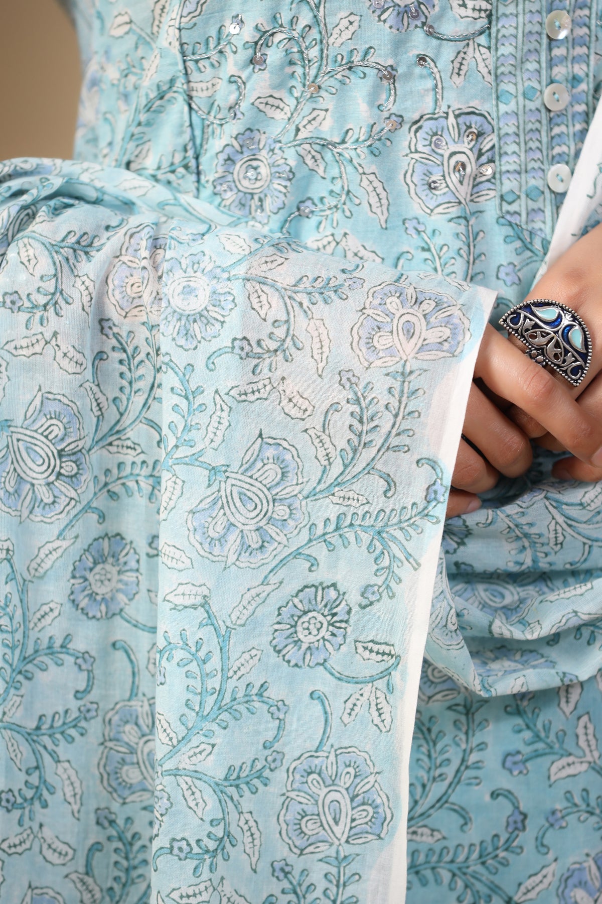 Maheen Yasmina Sky Blue Block Printed Mul Mul Dupatta - shahenazindia