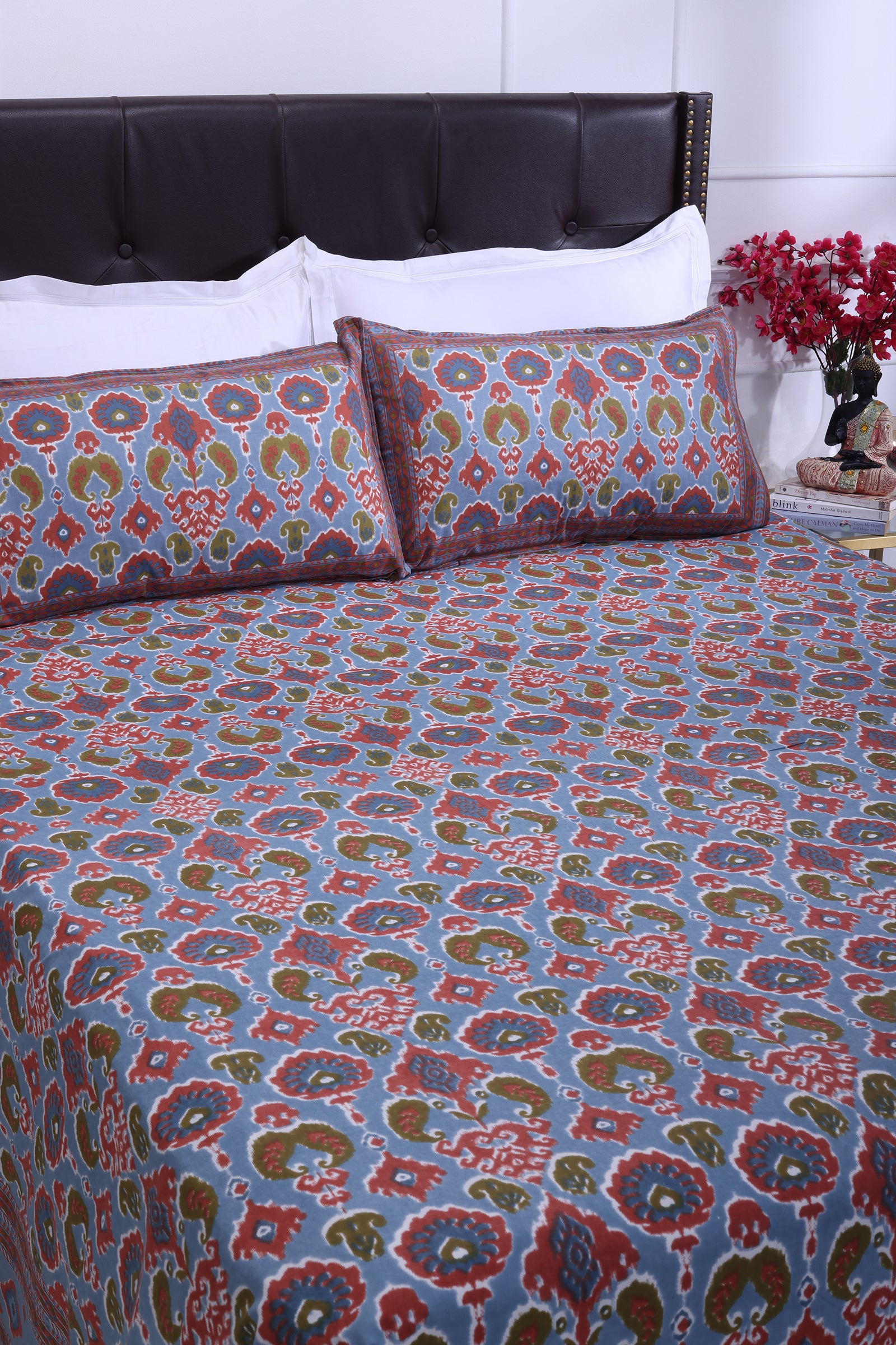 Mahi Double Ikat Blue Cotton Bedsheet - shahenazindia