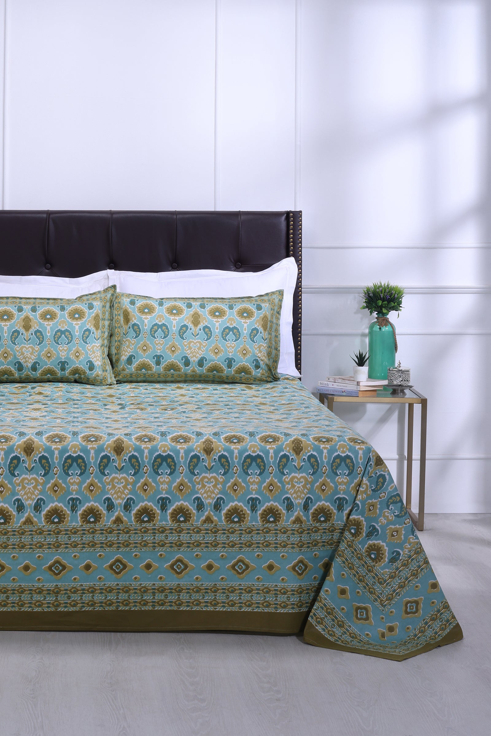 Mahi Double Ikat Turquoise Cotton Bedsheet - shahenazindia