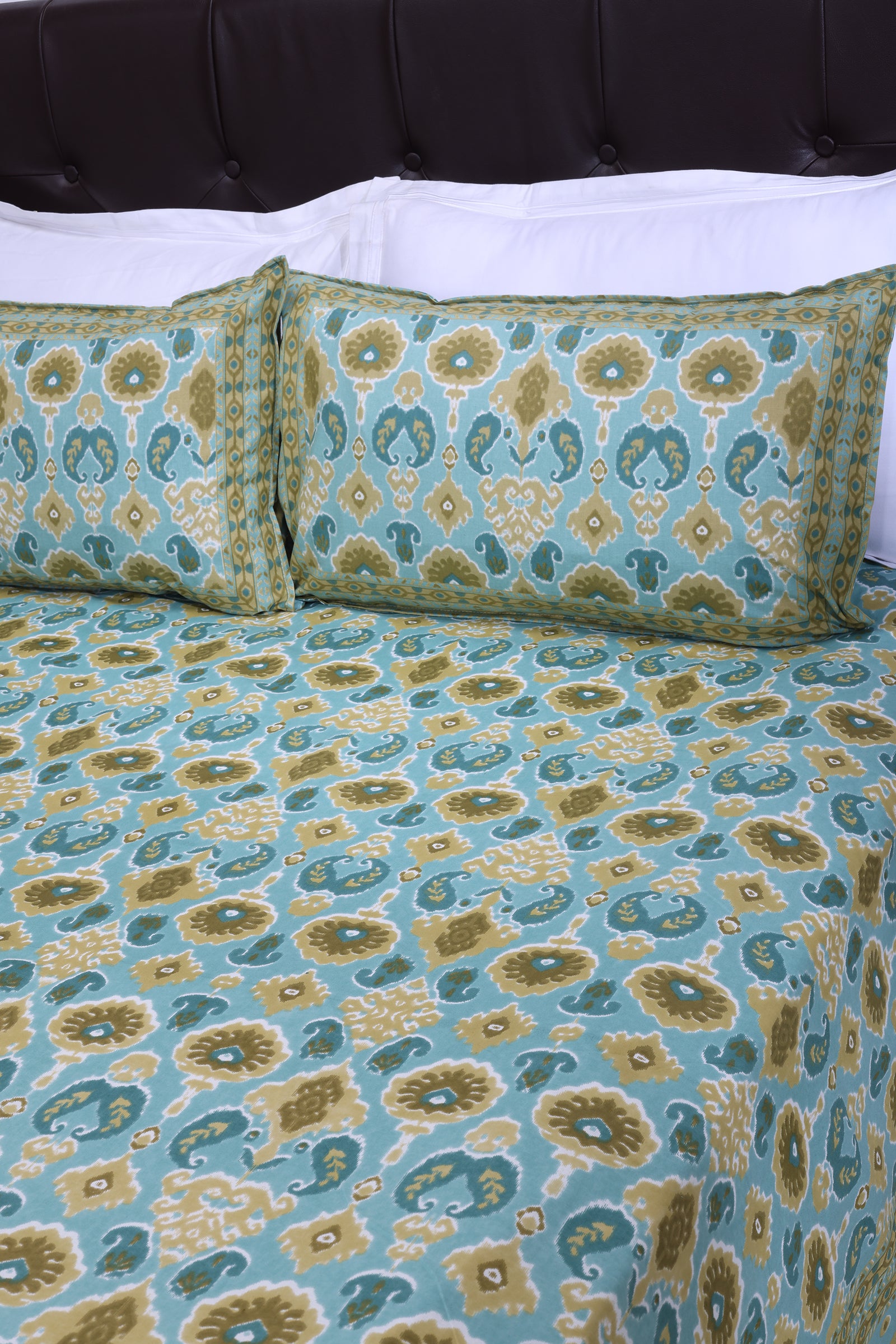 Mahi Double Ikat Turquoise Cotton Bedsheet - shahenazindia
