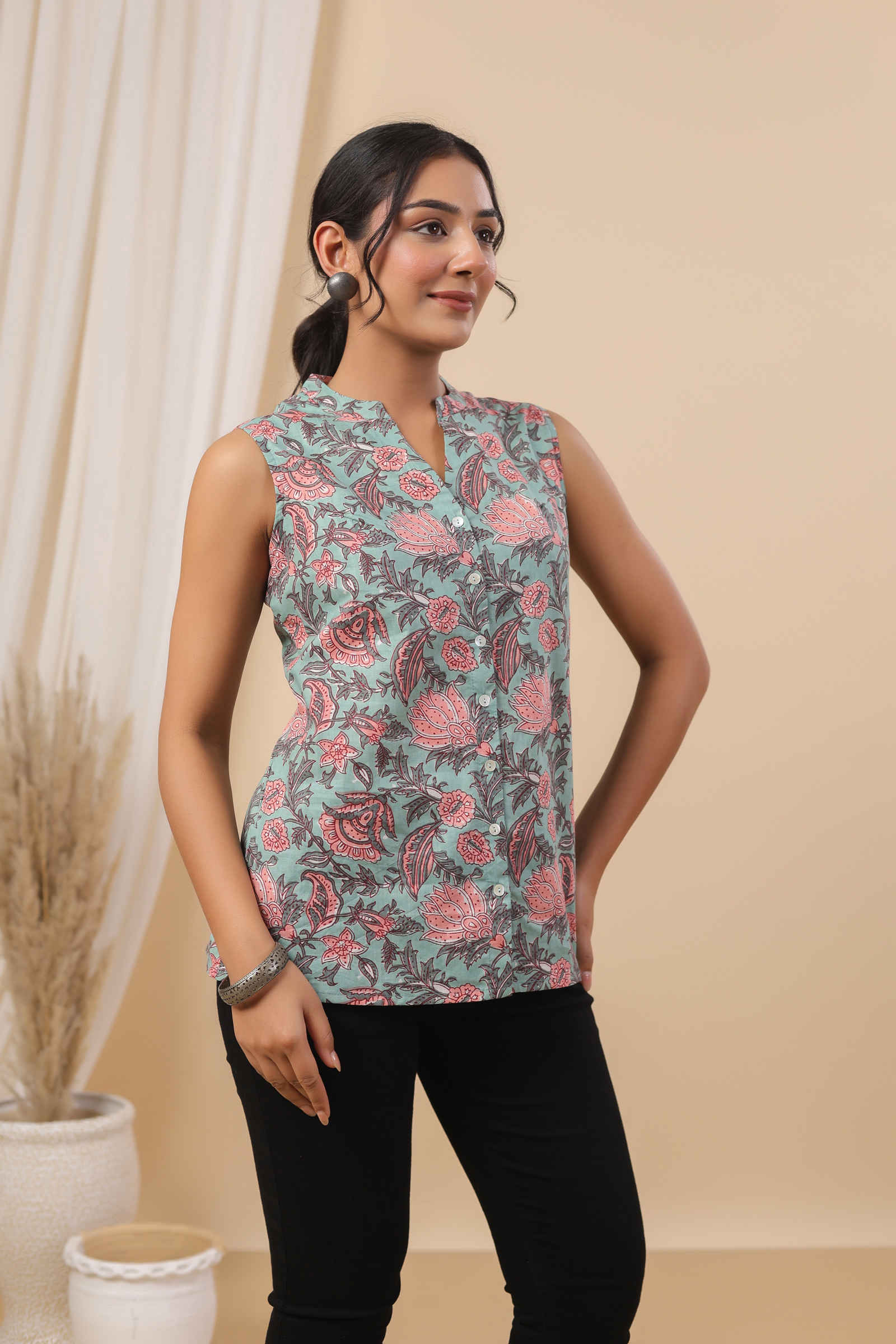 Mehr Naaz Sage Green Printed Sleeveless Top