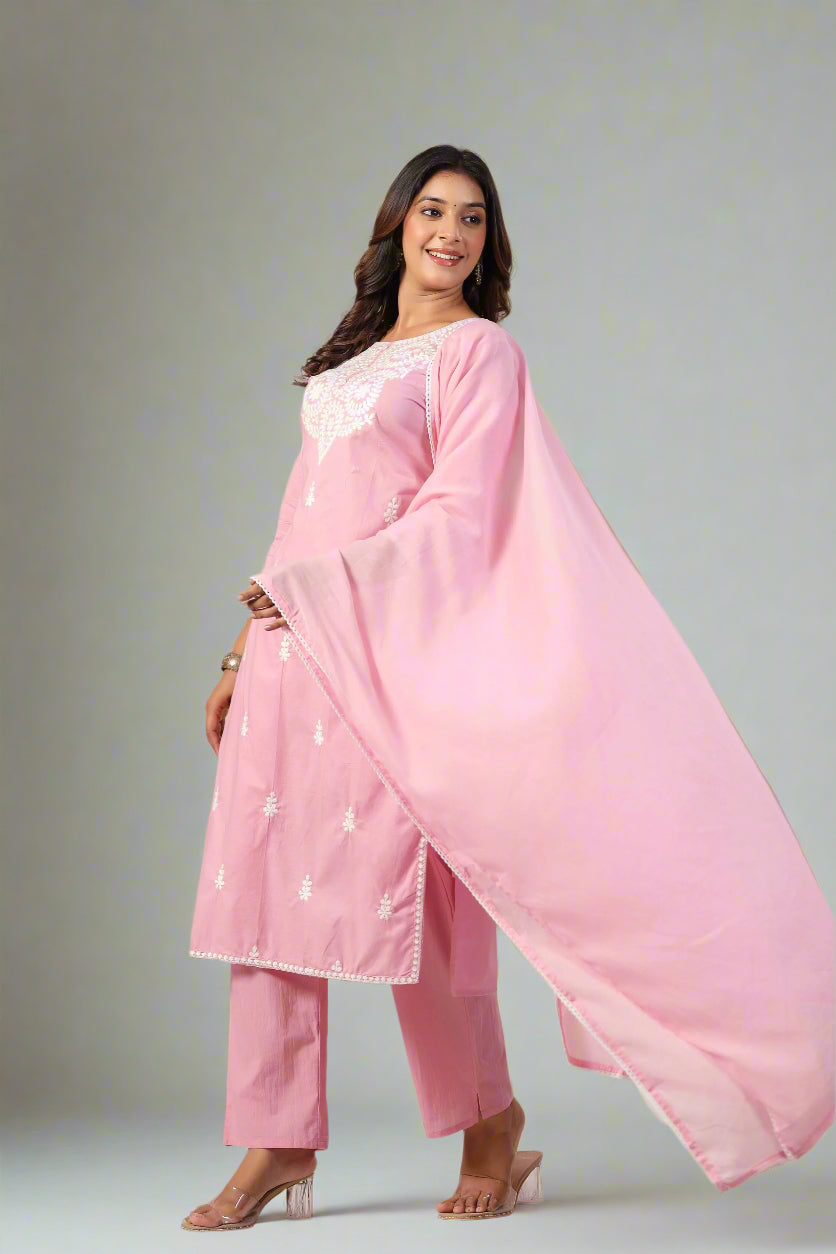 Mehtabi Muskaan Blush Pink Straight Kurta Pant and Dupatta Set
