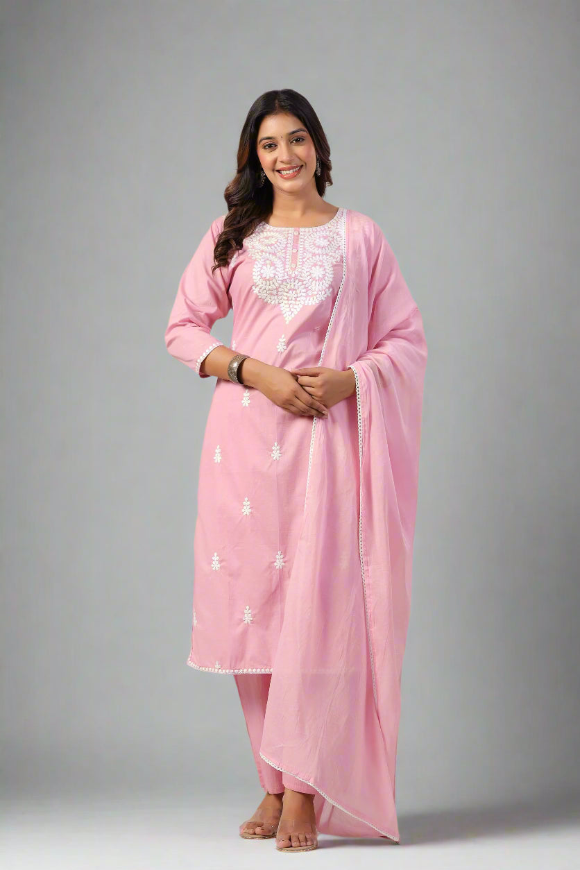 Mehtabi Muskaan Blush Pink Straight Kurta Pant and Dupatta Set