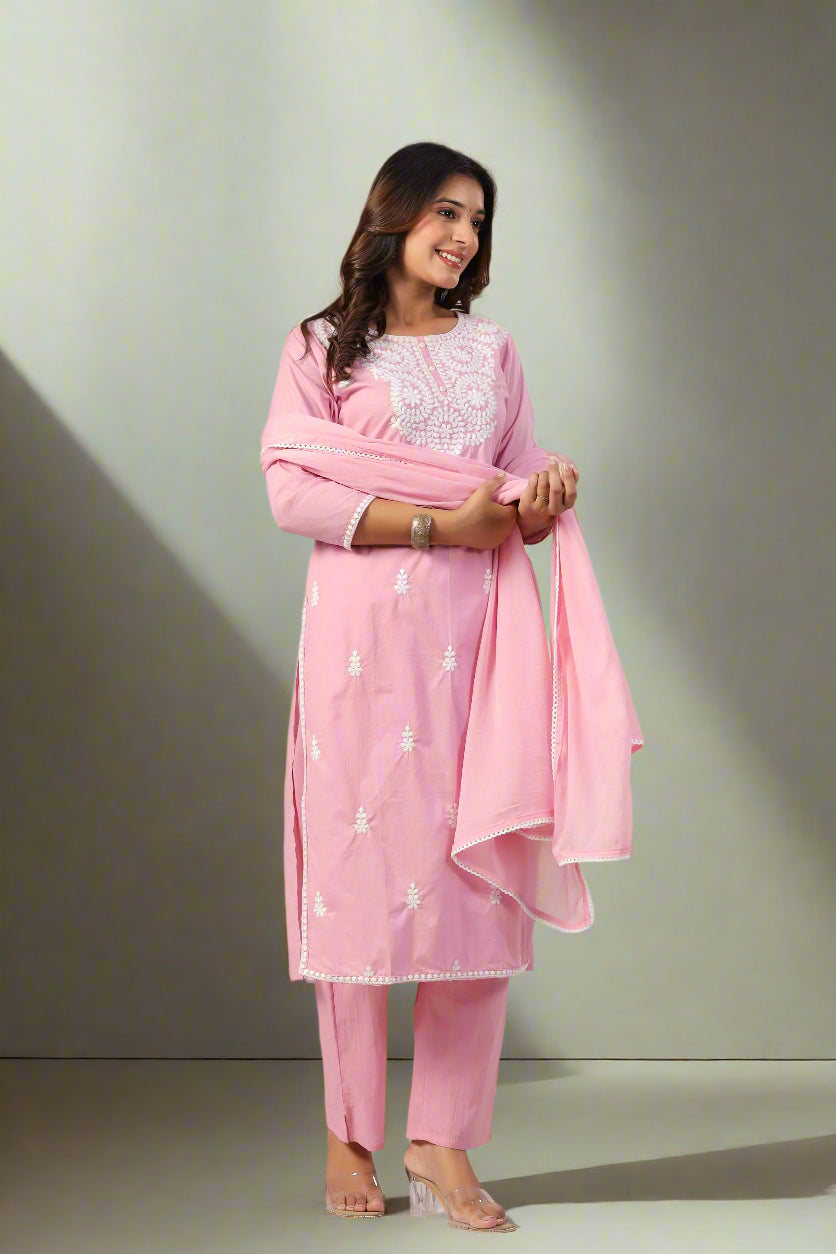 Mehtabi Muskaan Blush Pink Straight Kurta Pant and Dupatta Set