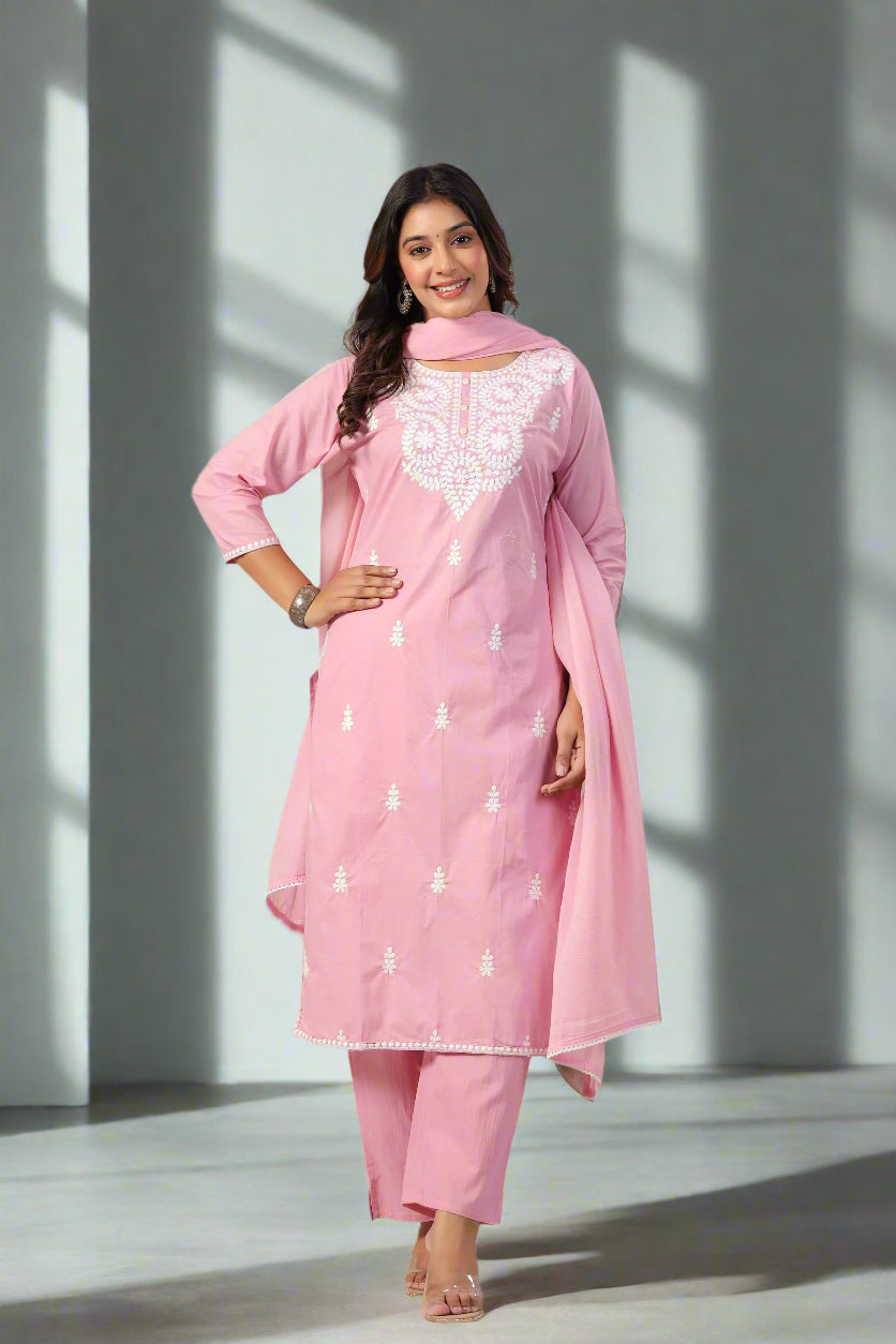 Mehtabi Muskaan Blush Pink Straight Kurta Pant and Dupatta Set